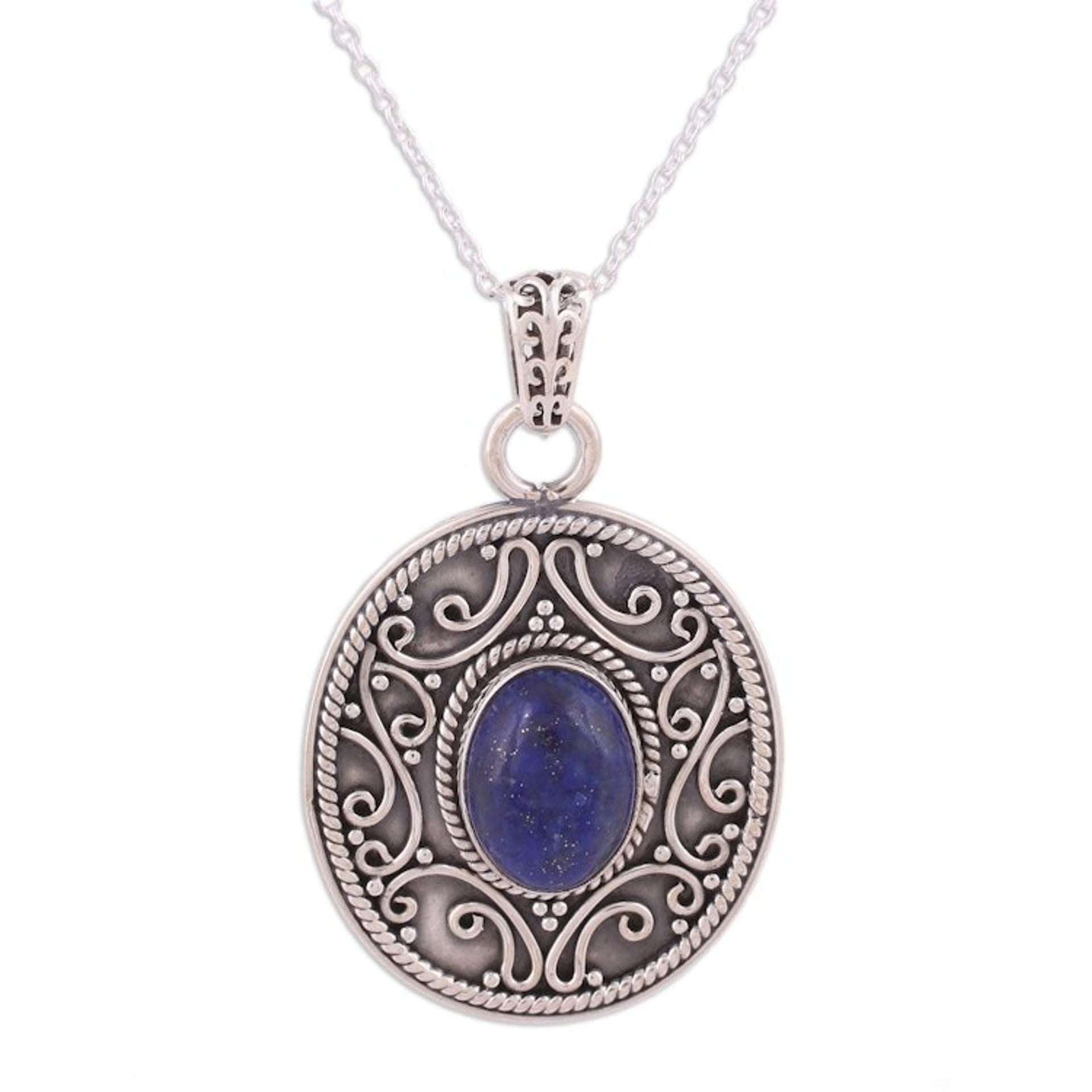 Lapis Lazuli and Sterling Silver Pendant Necklace from India 'Framed Blue'