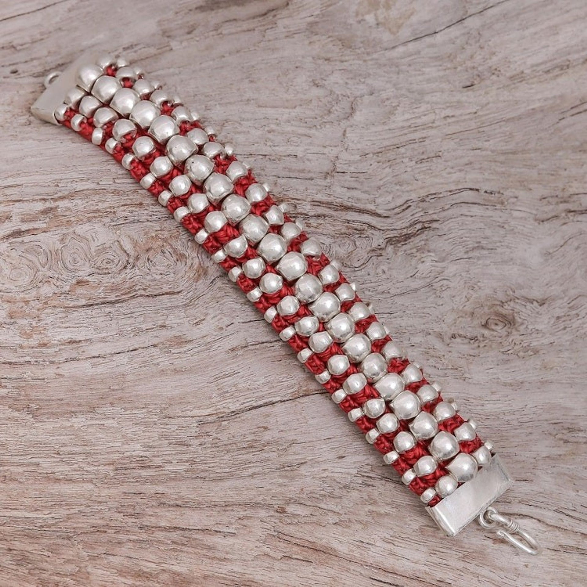 Stunning 950 Silver Beaded Red Cord Bracelet 'Red Karen'