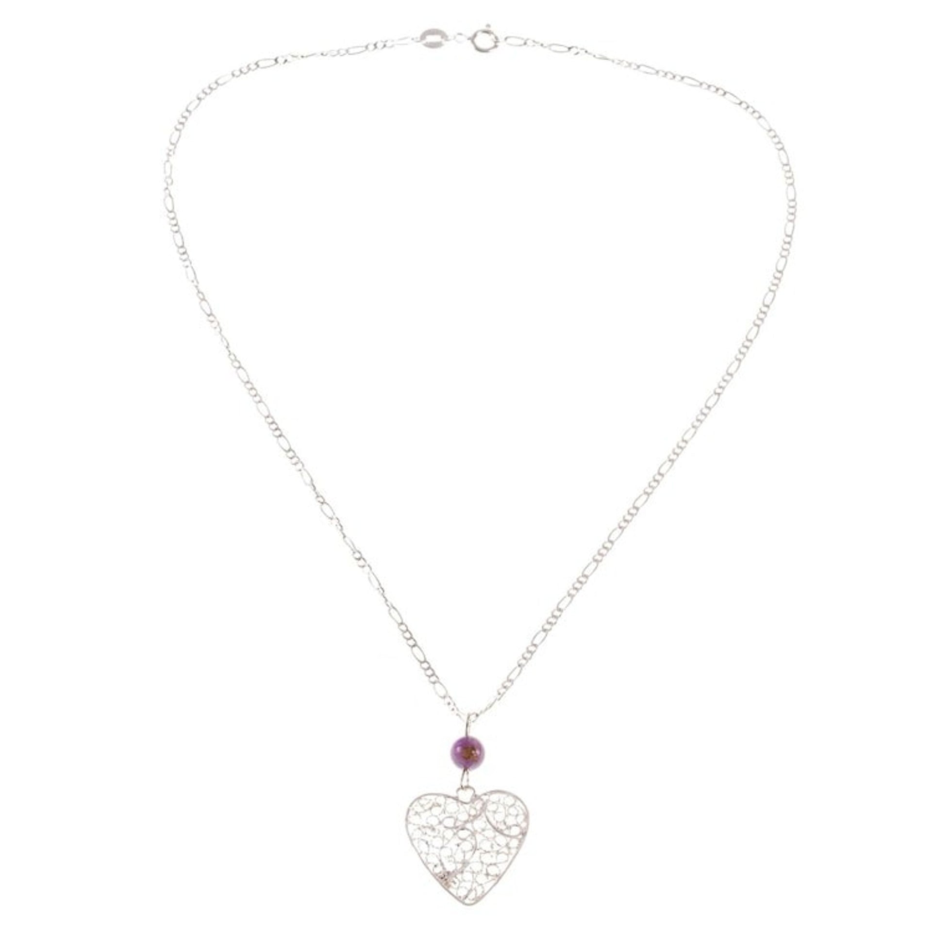 Mexican Filigree Sterling Silver Heart Pendant Necklace 'Ethereal Harmony'