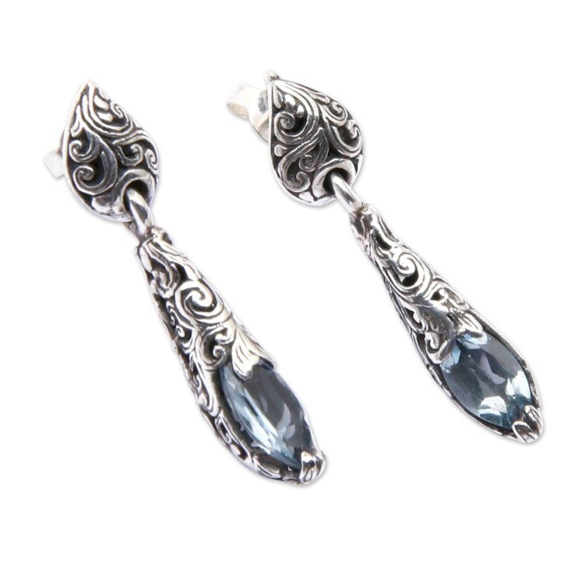 Silver Dangle Earrings from Bali with Blue Topaz Stones 'Forest Nest'