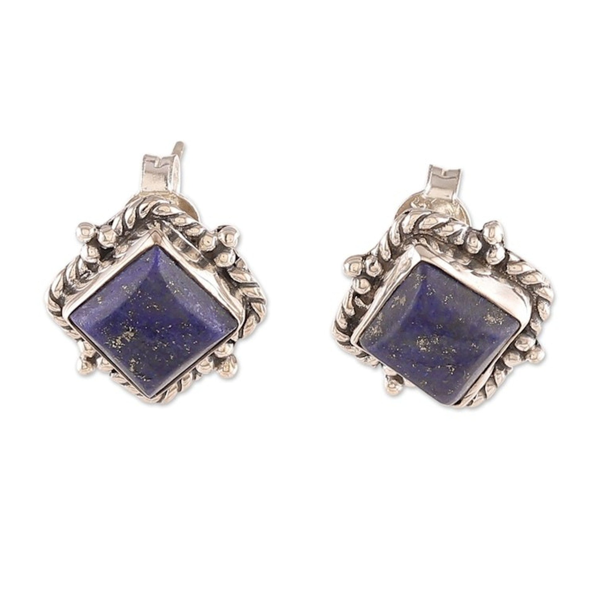 Lapis Lazuli Cabochon and Sterling Silver Button Earrings 'Jewels of Majesty'