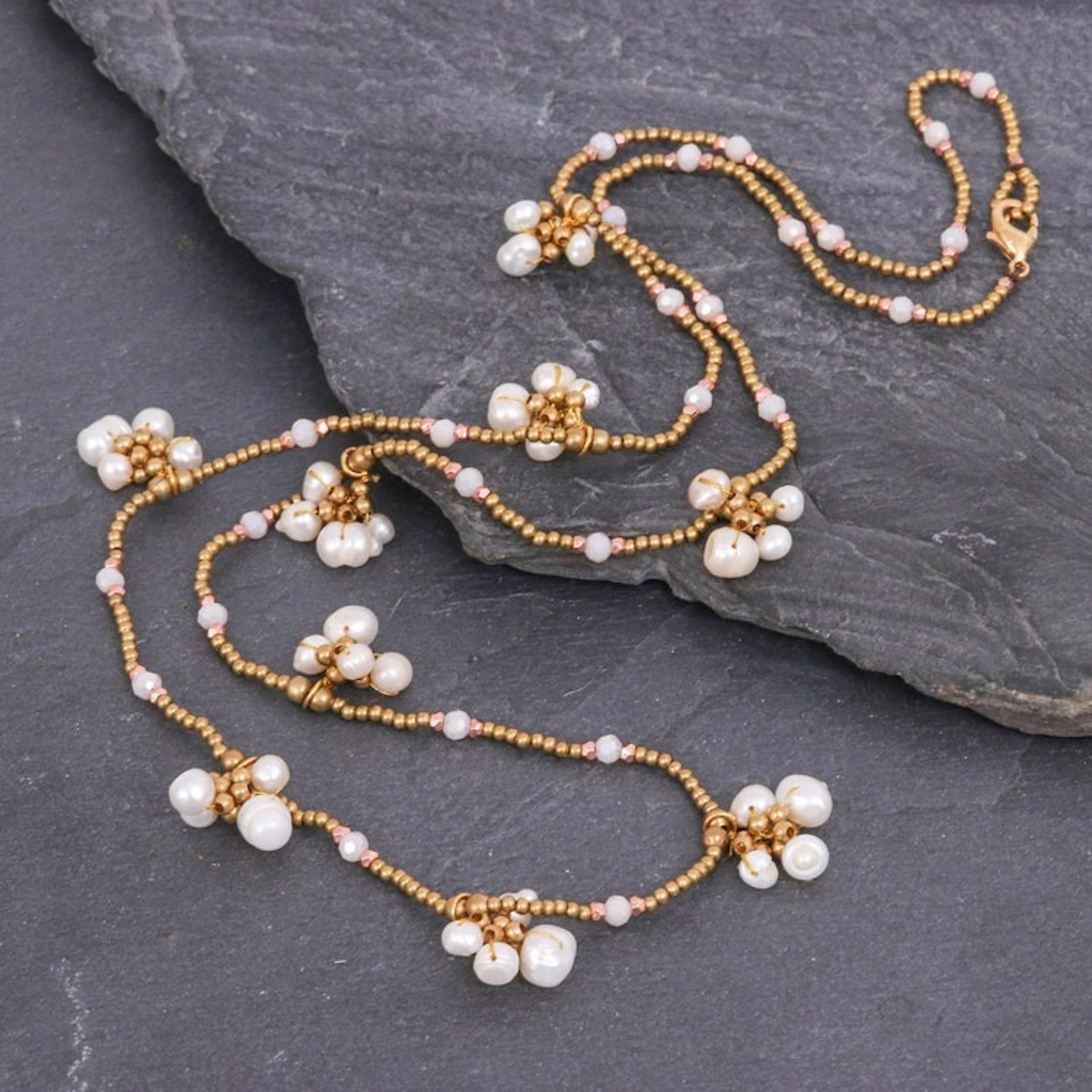 Thai Cultured Pearl and Brass Beaded Necklace 'Pearly Meeting'