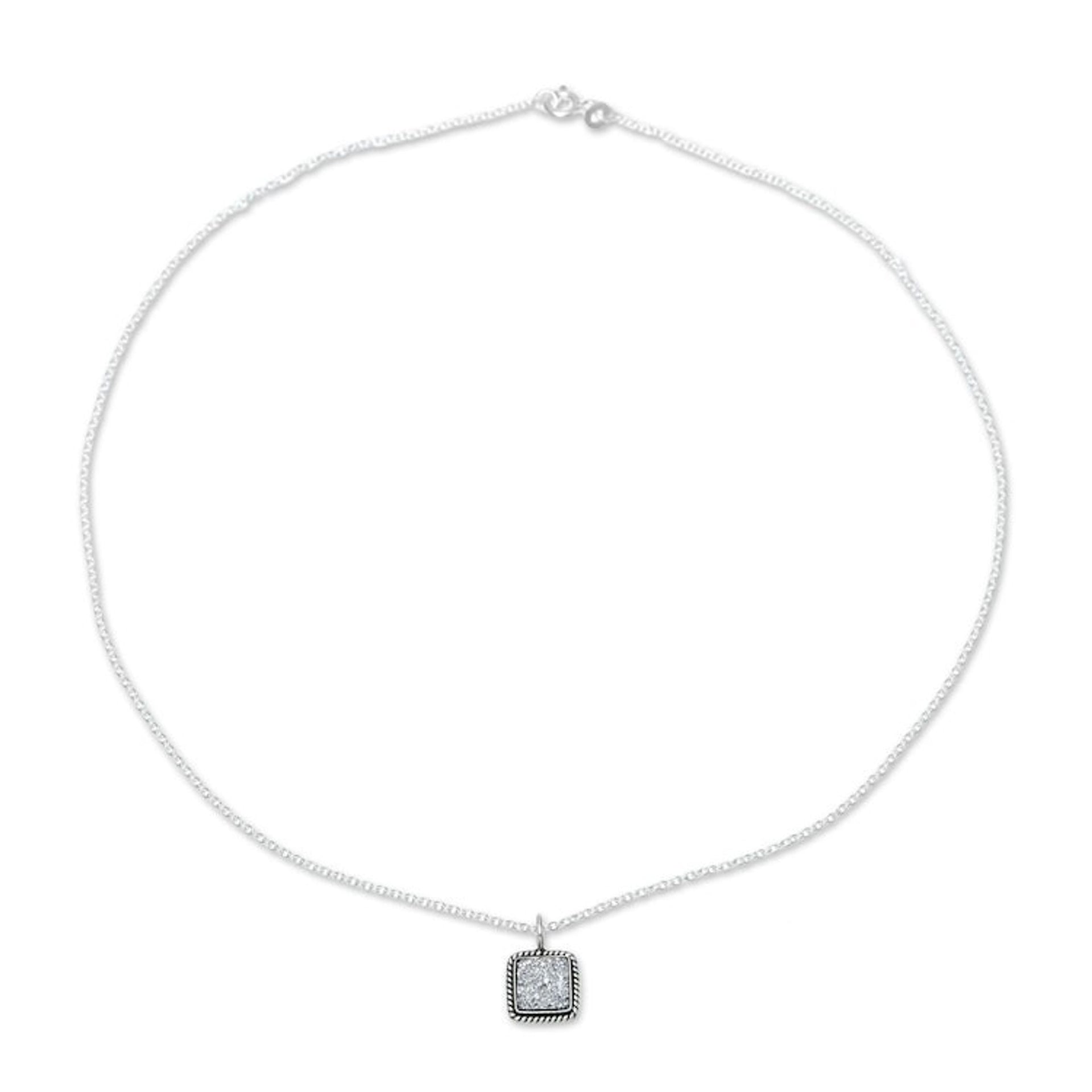 Sterling Silver White Druzy Square Pendant Necklace 'White Sparkle'