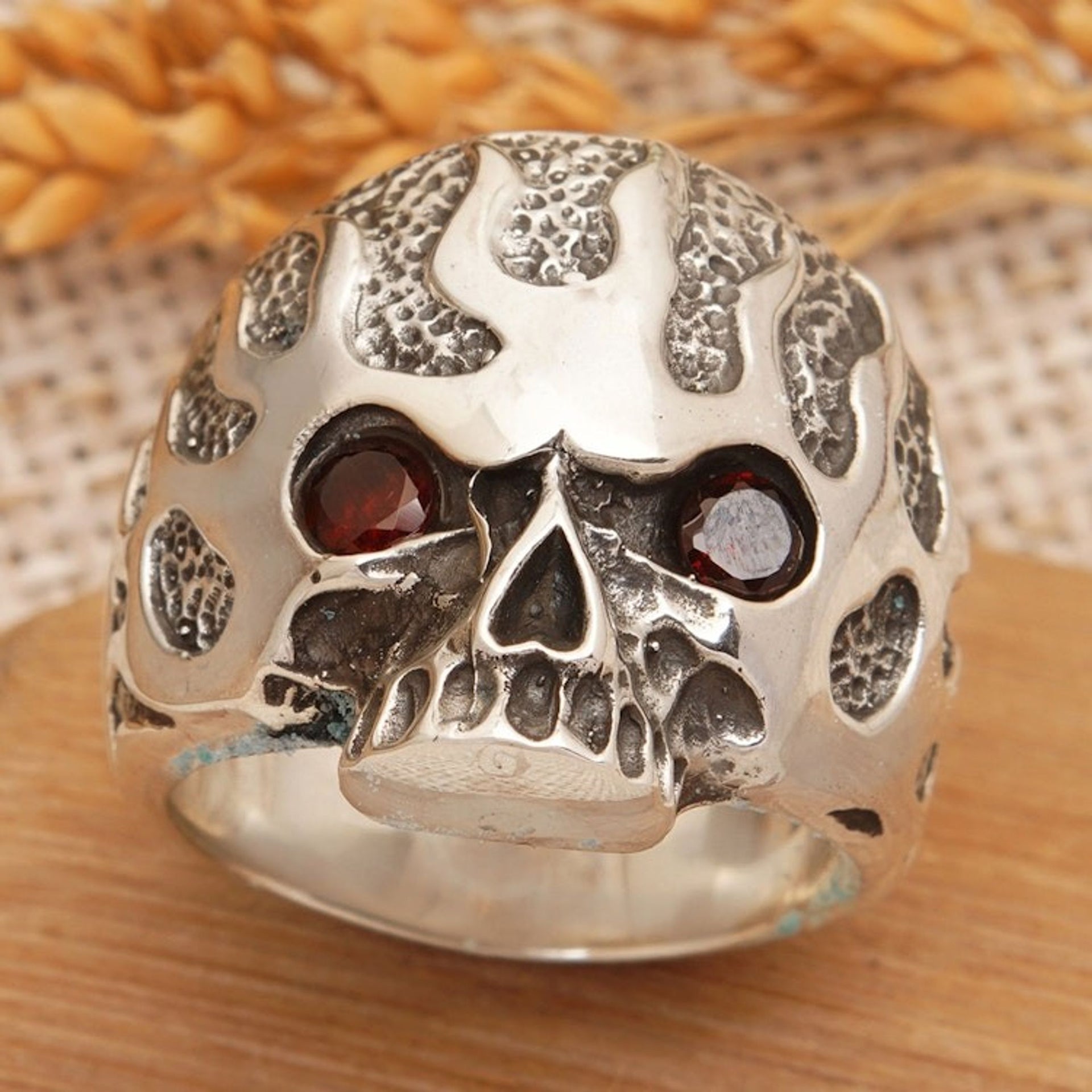 Men's Sterling Silver Skull Cocktail Ring with Garnet Stones 'Fire Skull'