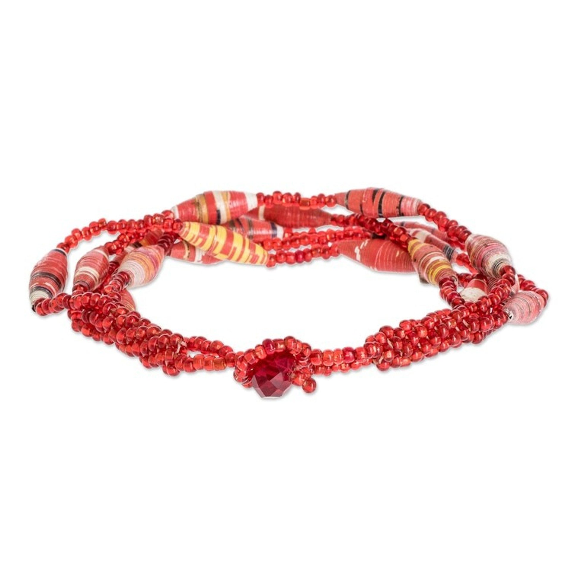 Red Beaded Recycled Paper Bracelet 'Bonds of Friendship in Red'