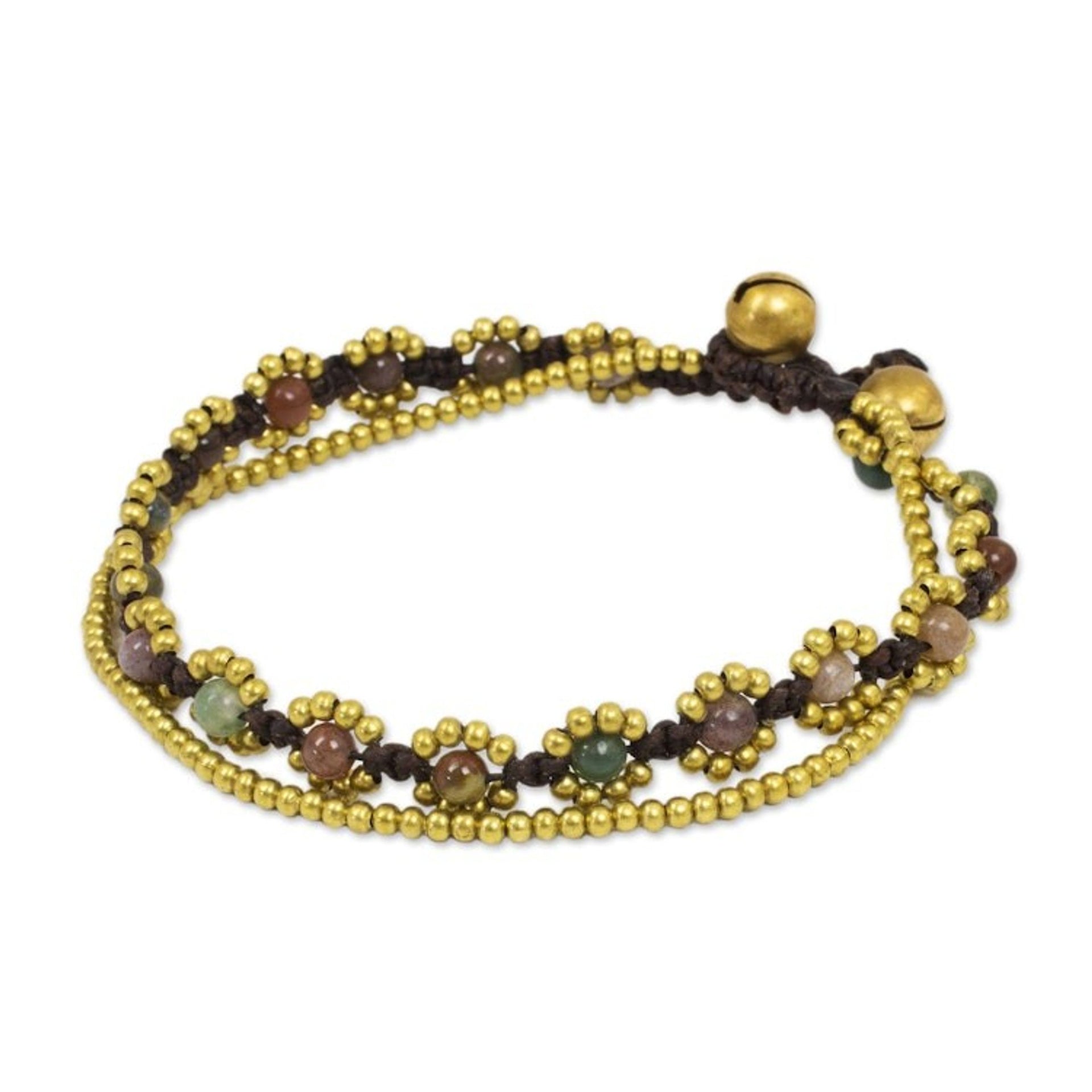 Hand Knotted Jasper Beaded Bracelet with Brass Bell 'Festive Day'