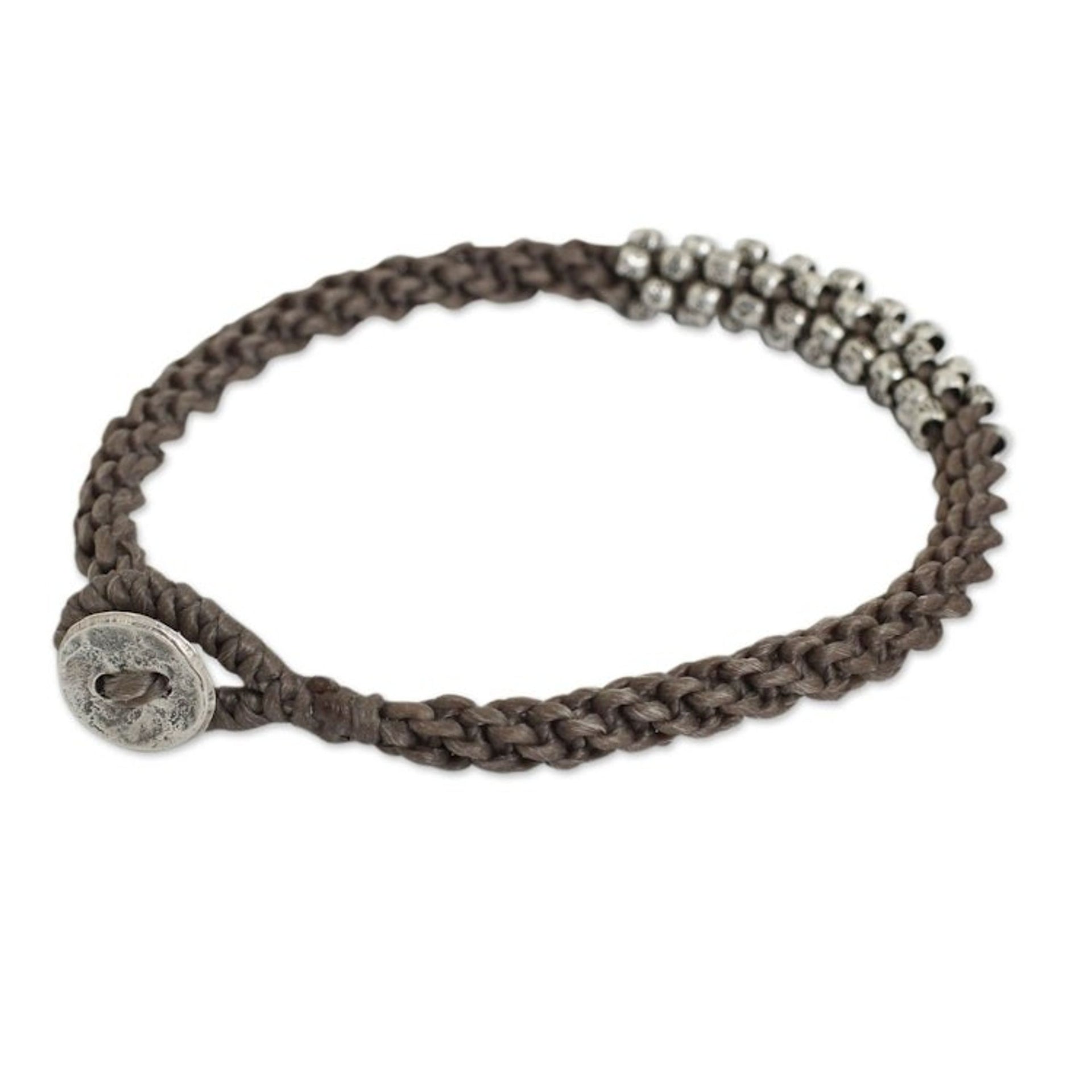 Braided Gray Cord Bracelet with Silver 950 Floral Beads 'Tribal Flowers in Taupe'