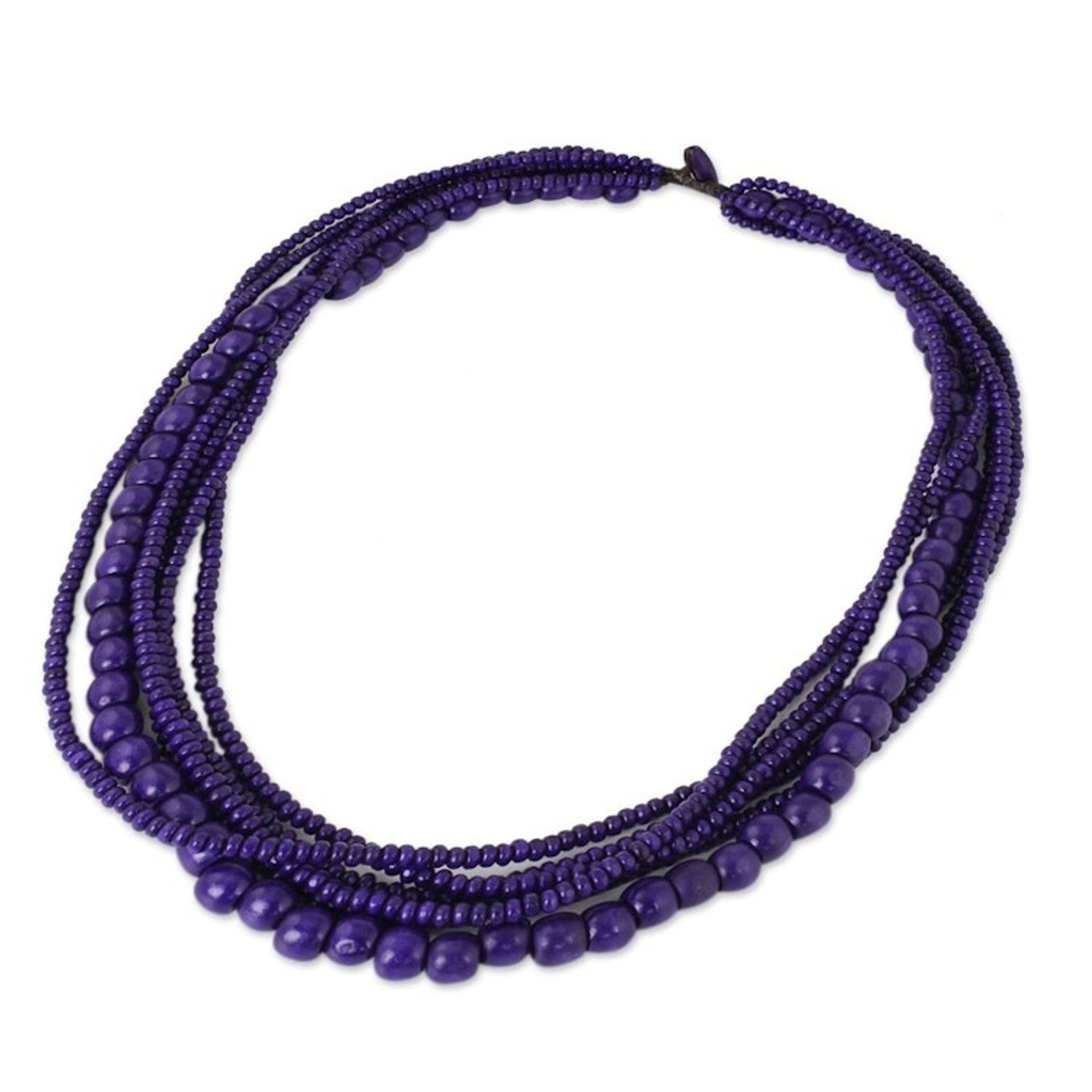 Purple Wood Bead Necklace Hand Crafted in Thailand 'Orchid Dance'