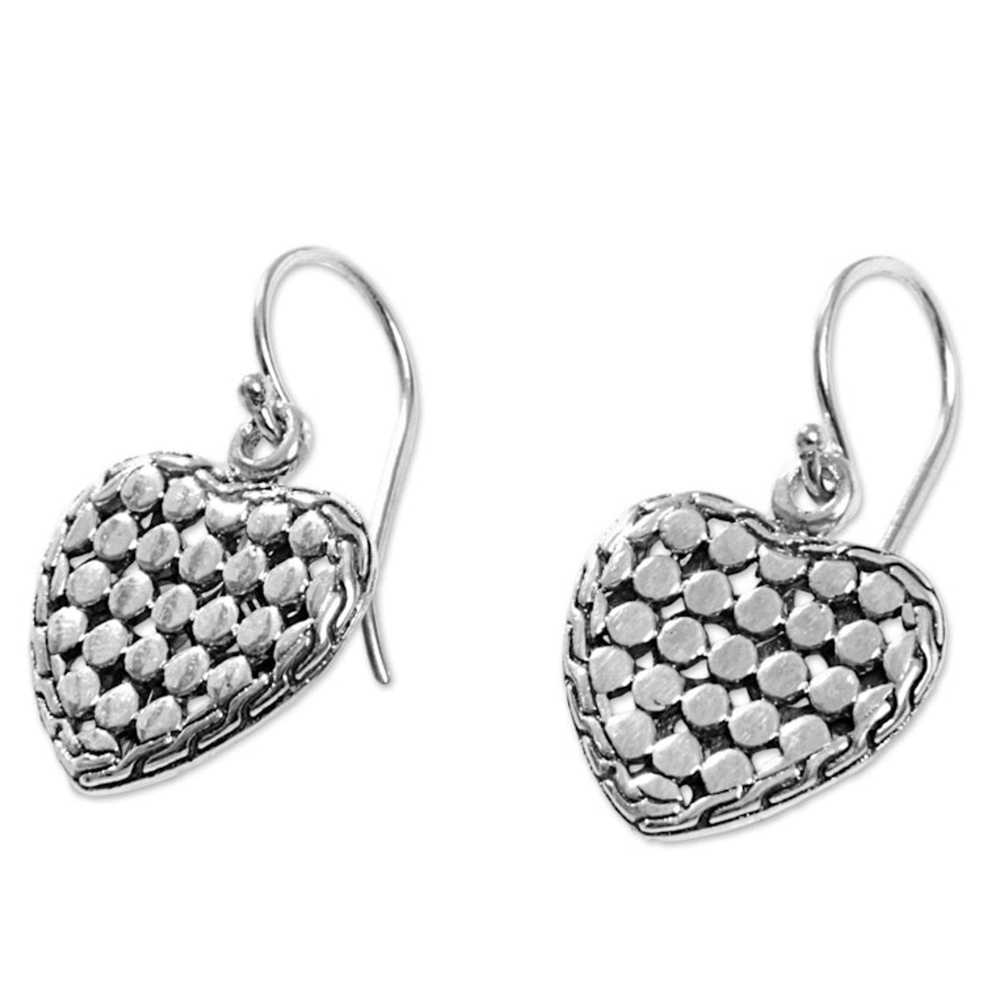 Sterling Silver Heart Dangle Earrings Handmade in Indonesia 'Heart of Steel'