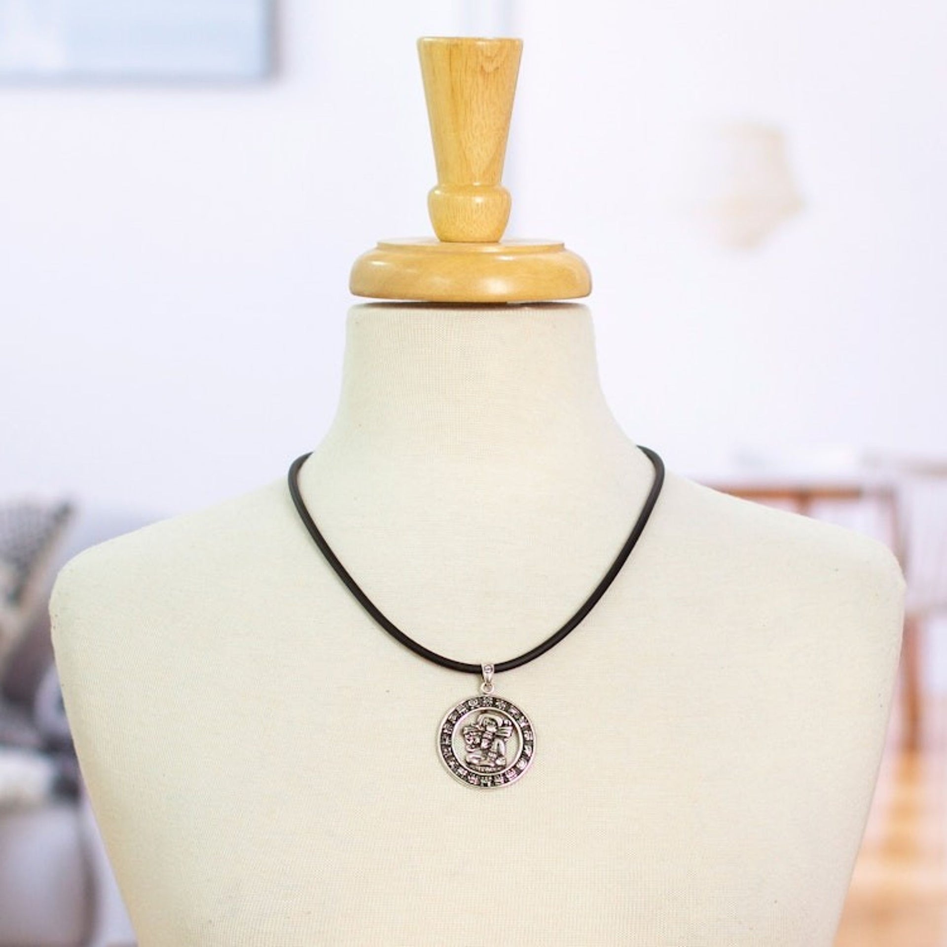 Sterling Silver and Rubber Aztec Pendant Necklace Mexico 'Time Carrier'