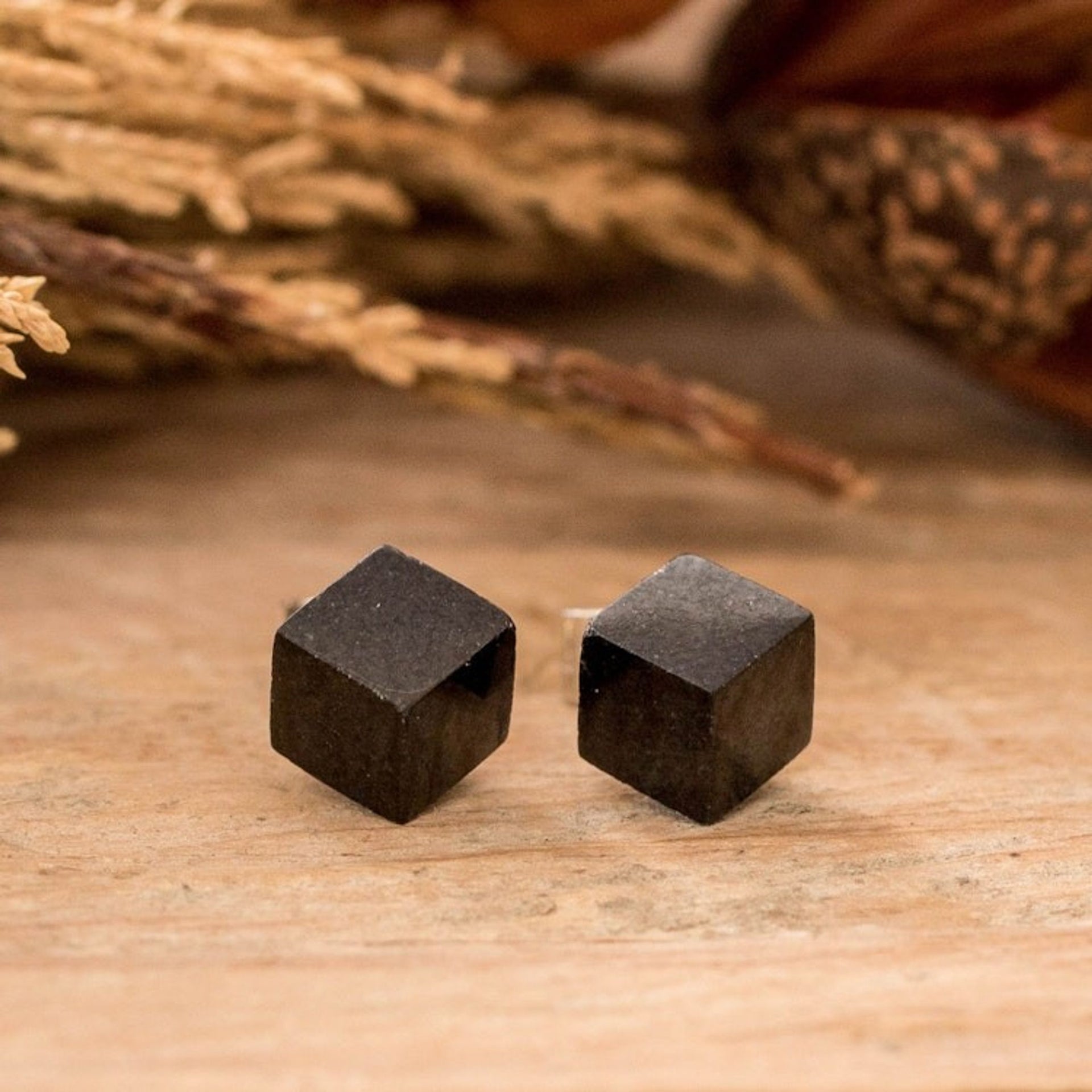 Cube Square Shaped Modern Black Jade Silver Button Earrings 'Black Cube'