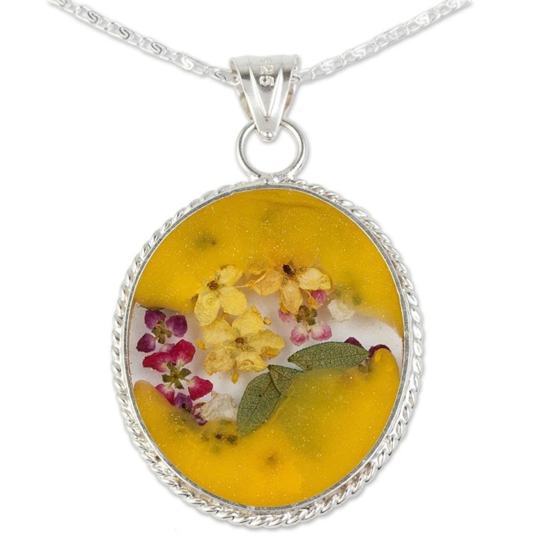 Sterling Silver Necklace with Yellow Dried Flower Pendant 'Yellow Forever'