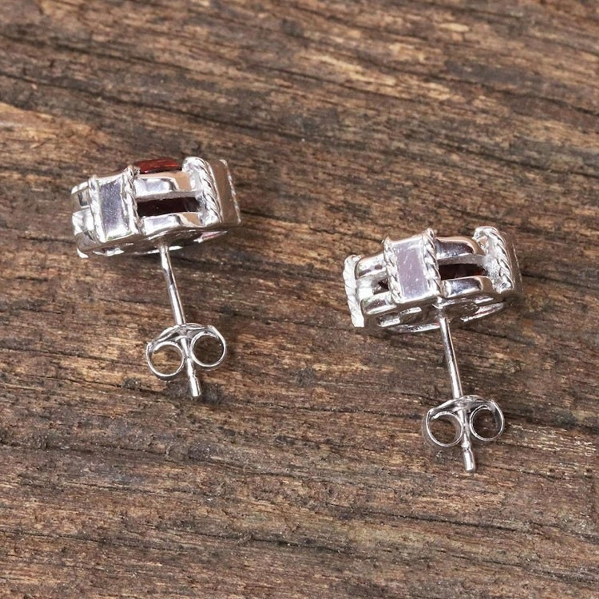 Rhodium Plated Garnet Button Earrings from Thailand 'Everyday Glitz'