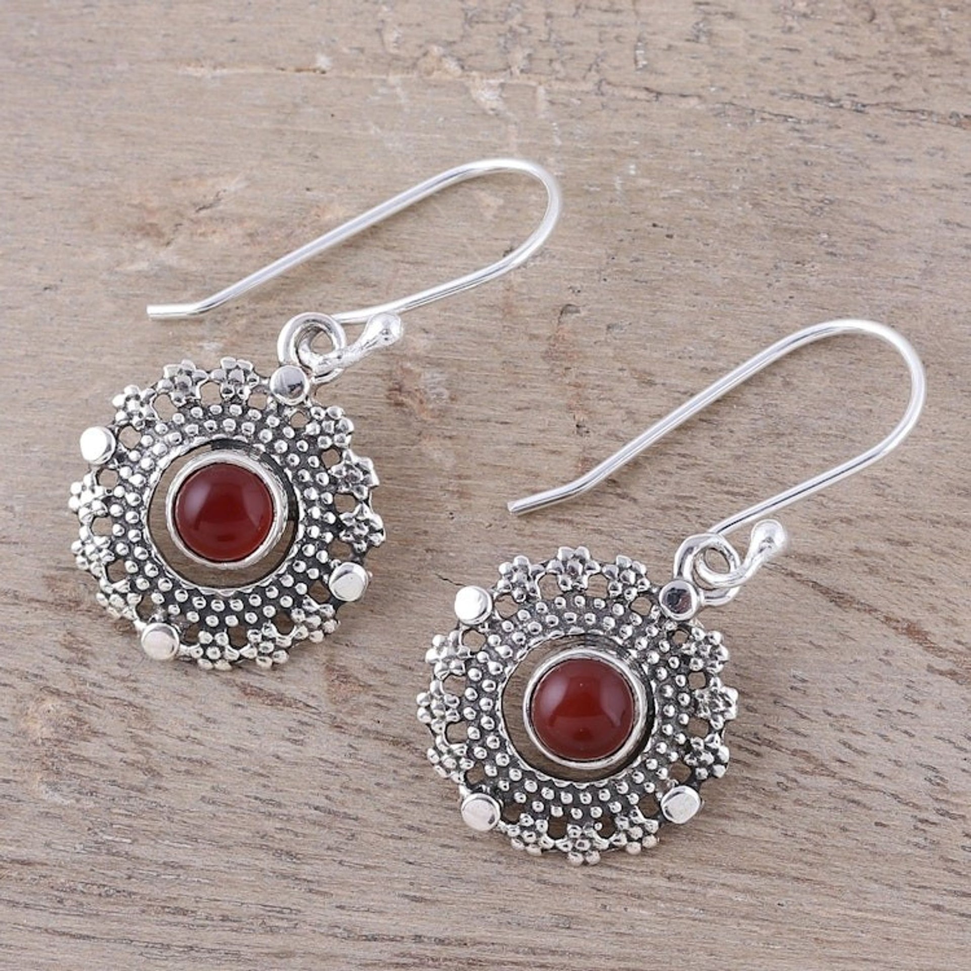Carnelian and Silver Bubbly Dangle Earrings from India 'Bubbly Red Moons'