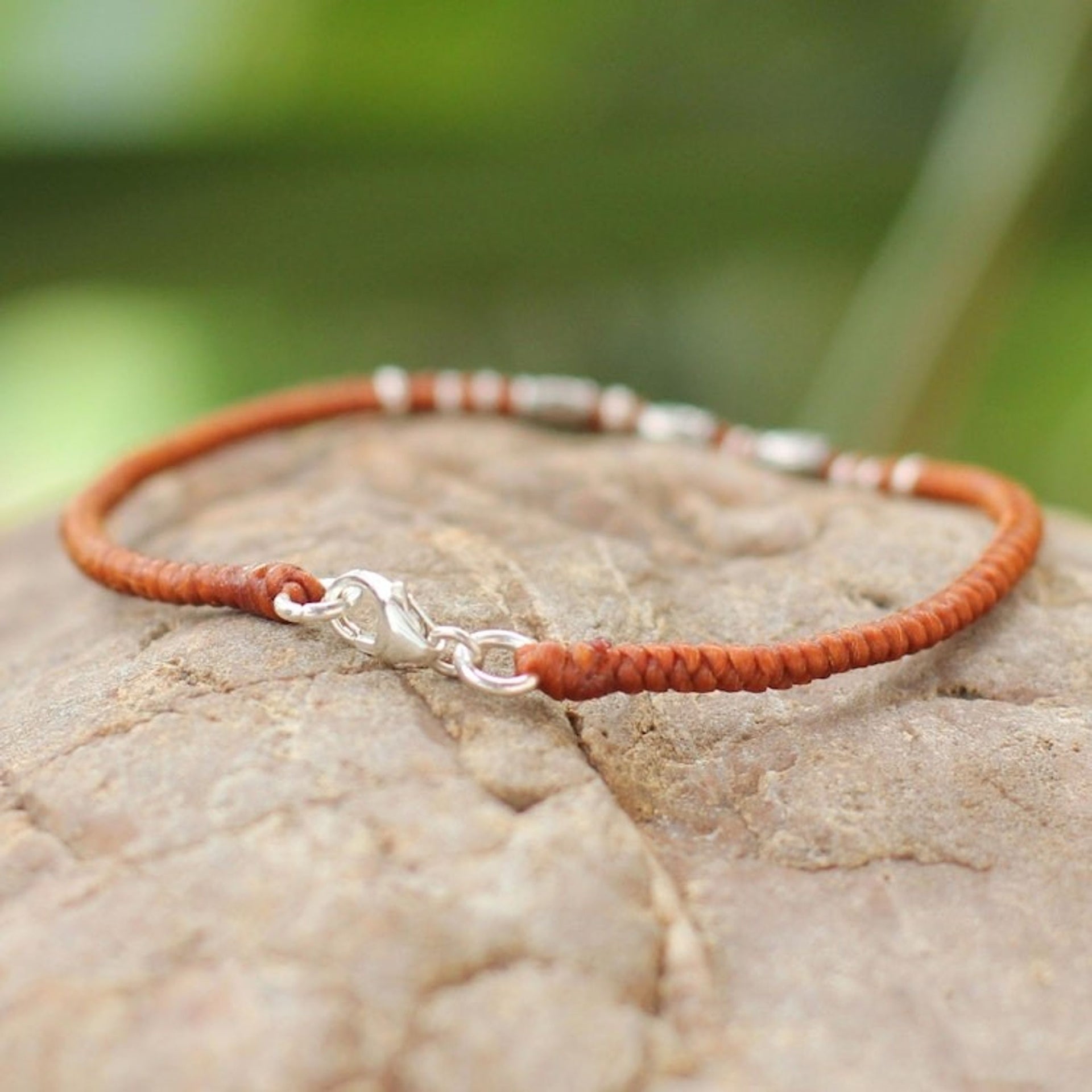 Sterling Silver Accent Wristband Bracelet from Thailand 'Bamboo Bracelet in Rust'
