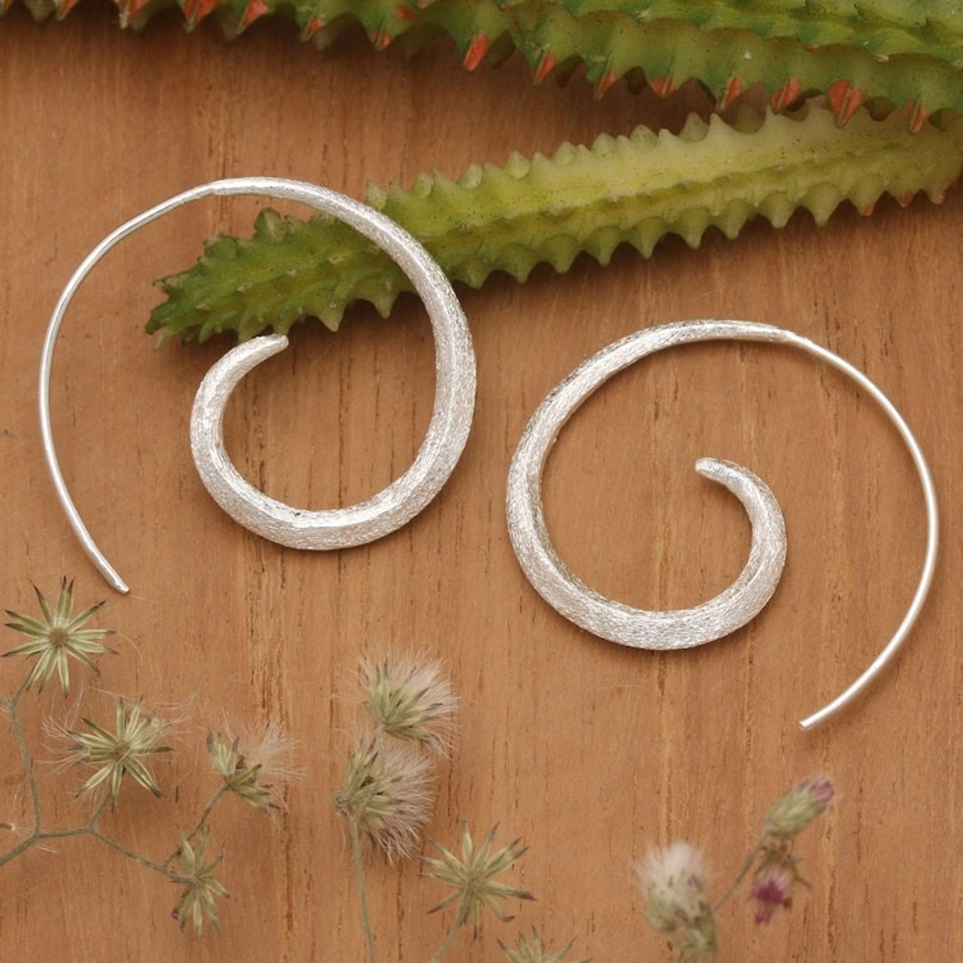 Brushed-Satin Spiral Sterling Silver Half-Hoop Earrings 'Whirlpool Light'