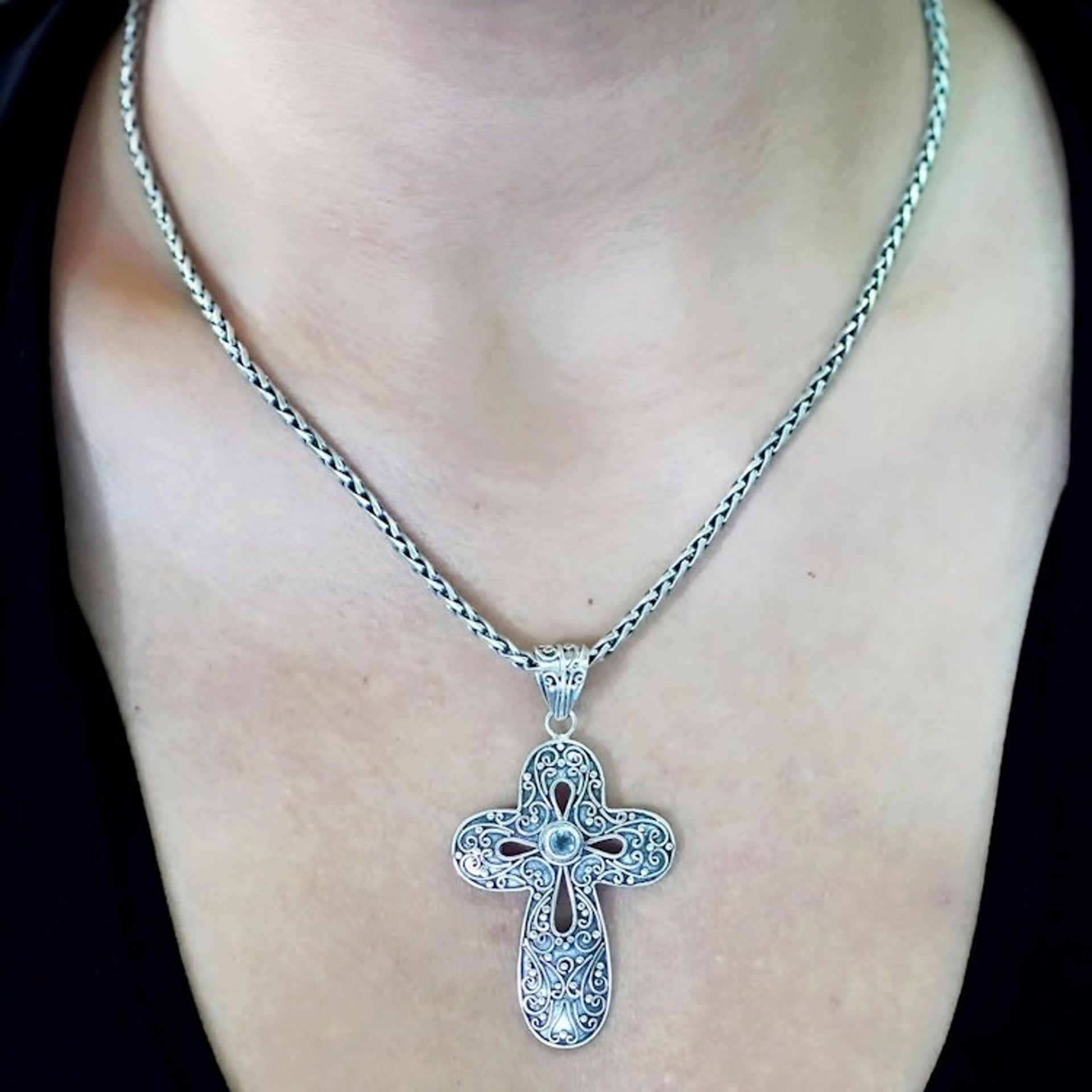 Blue Topaz Cross-Motif Pendant Necklace 'Magic Cross'