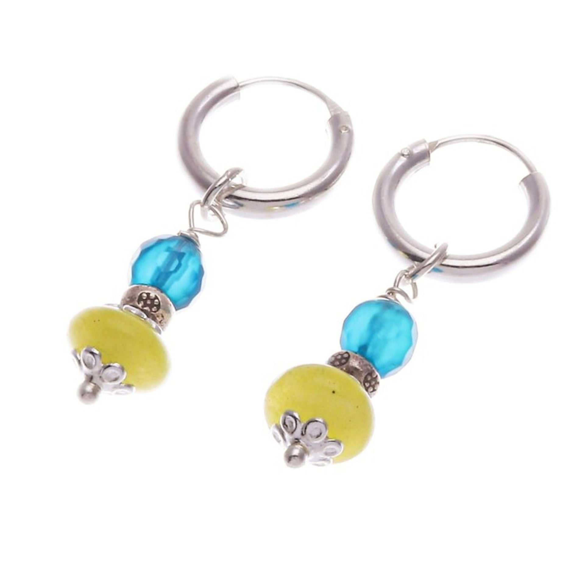 Sterling Silver Hoop Earrings with Agate Chalcedony Stones 'Fantastic Duo'