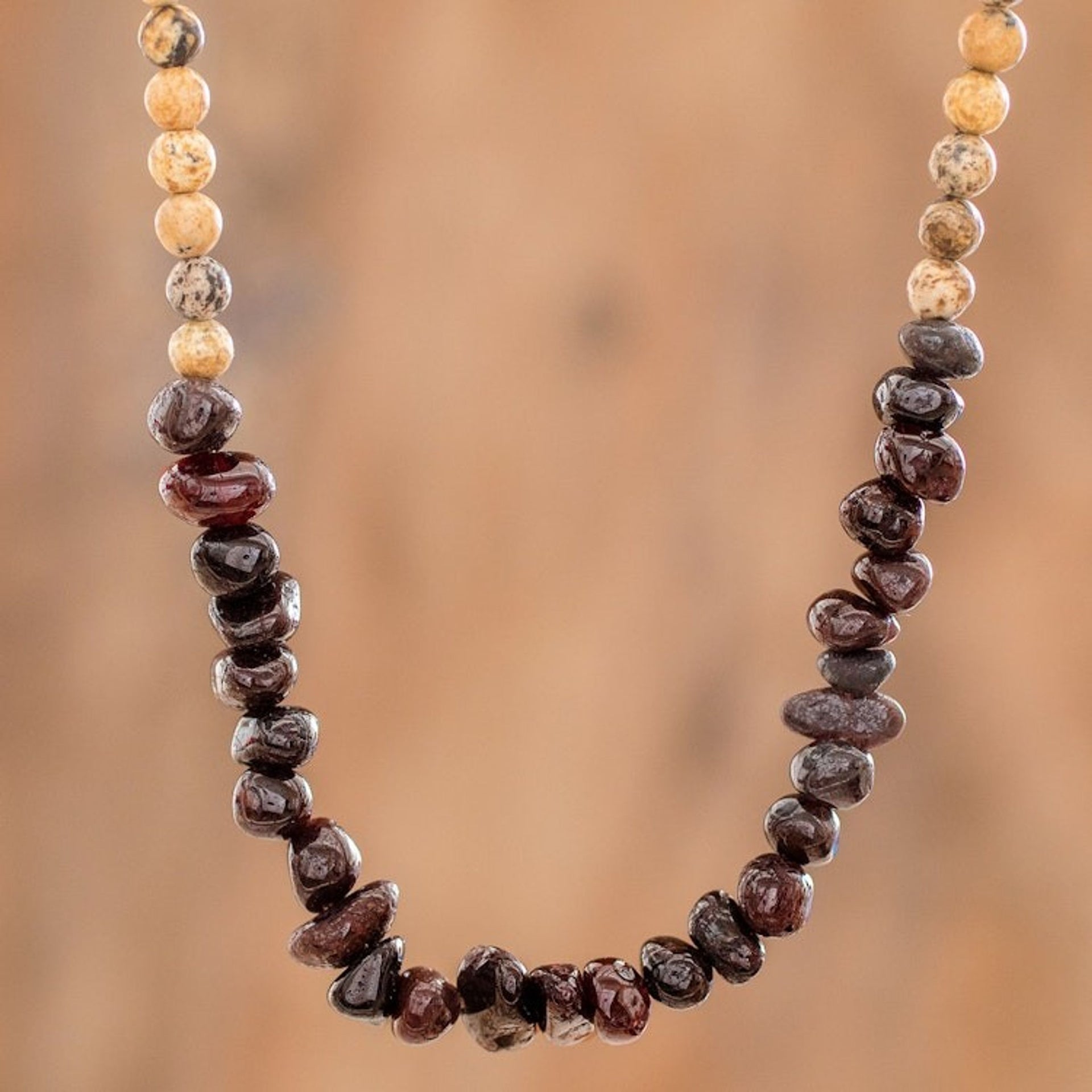 Garnet and Jasper Beaded Necklace Handmade in Guatemala 'Familiar Sands'