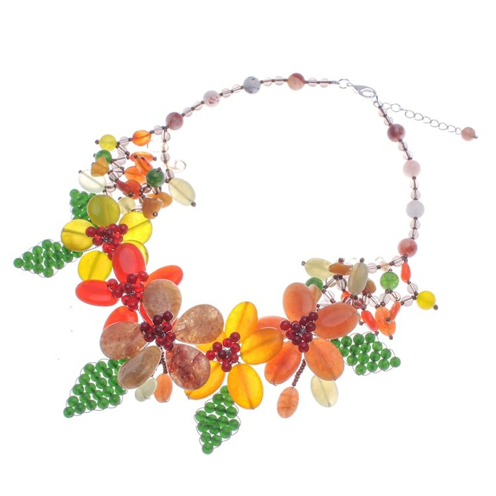 Warm and Green-Toned Floral Multi-Gemstone Beaded Necklace 'Summer Petals'