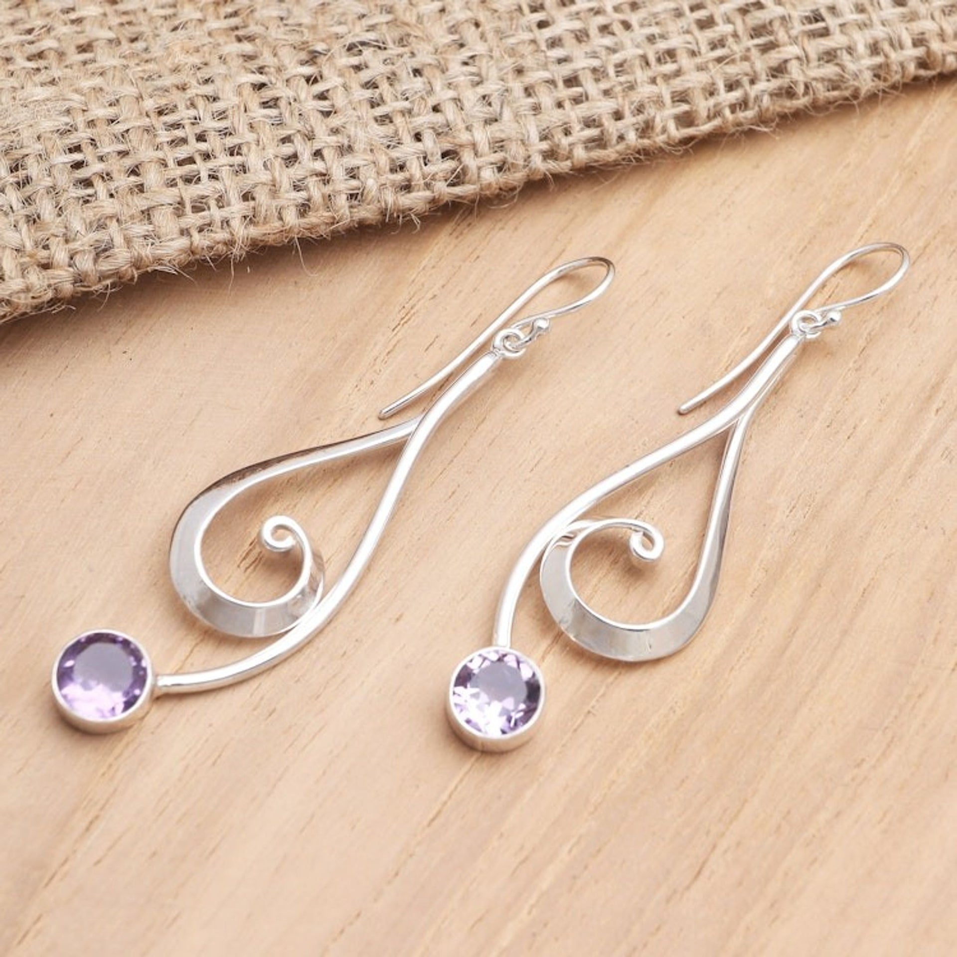 Sterling Silver and Amethyst Dangle Earrings 'Wave Melody in Purple'
