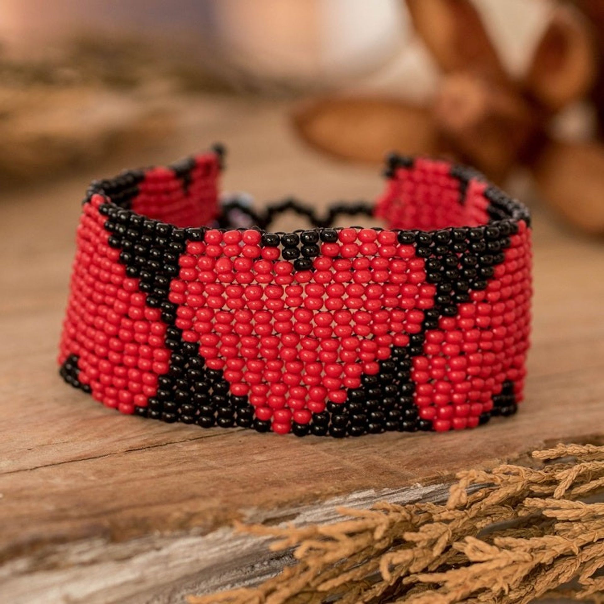 Handcrafted Black Red Beaded Heart-Themed Wristband Bracelet 'Red Empress of Love'