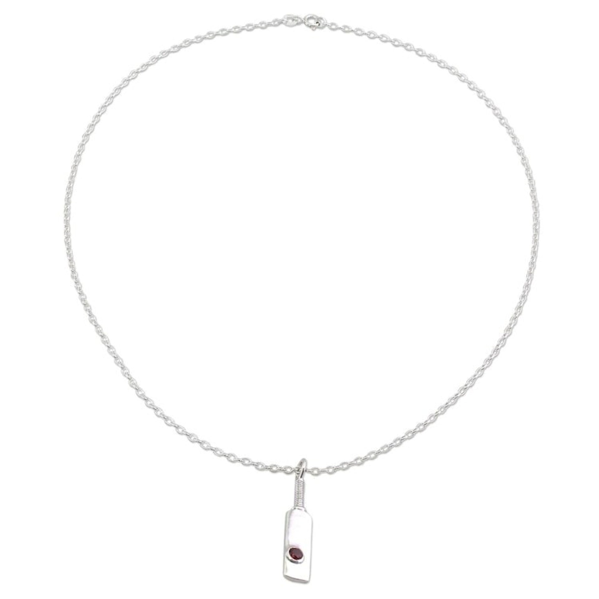 Sterling Silver and Garnet Pendant Necklace from India 'Cricket Bat'
