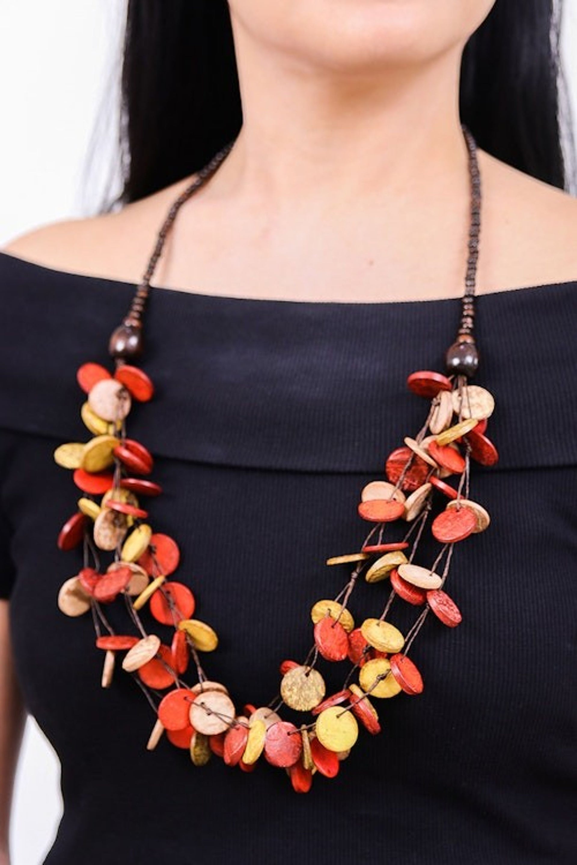 Red and Yellow Round Wood Beaded Three-Strand Necklace 'Cycles of Fire'