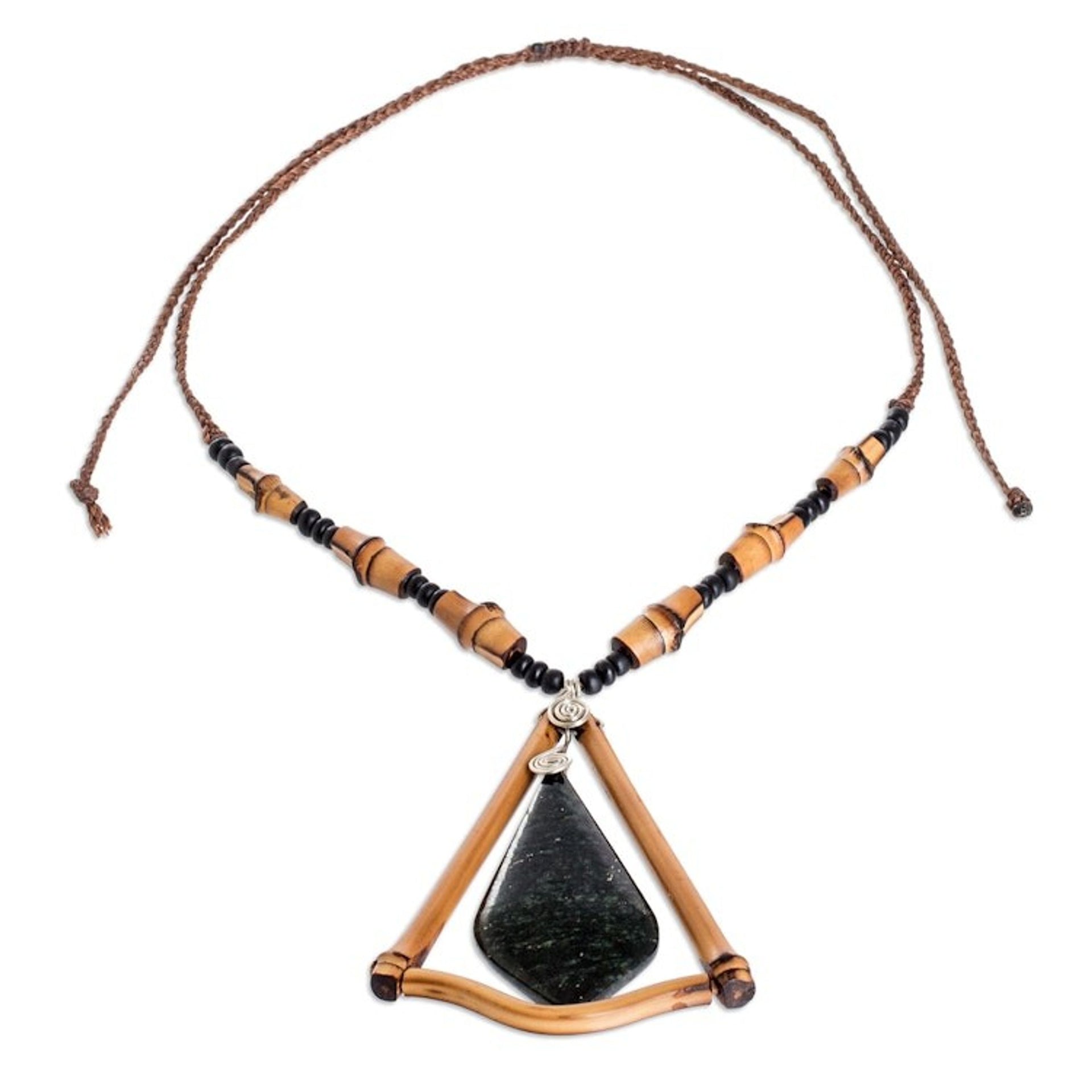 Handmade Dark Green Jade and Bamboo Beaded Pendant Necklace 'Natural Appeal'