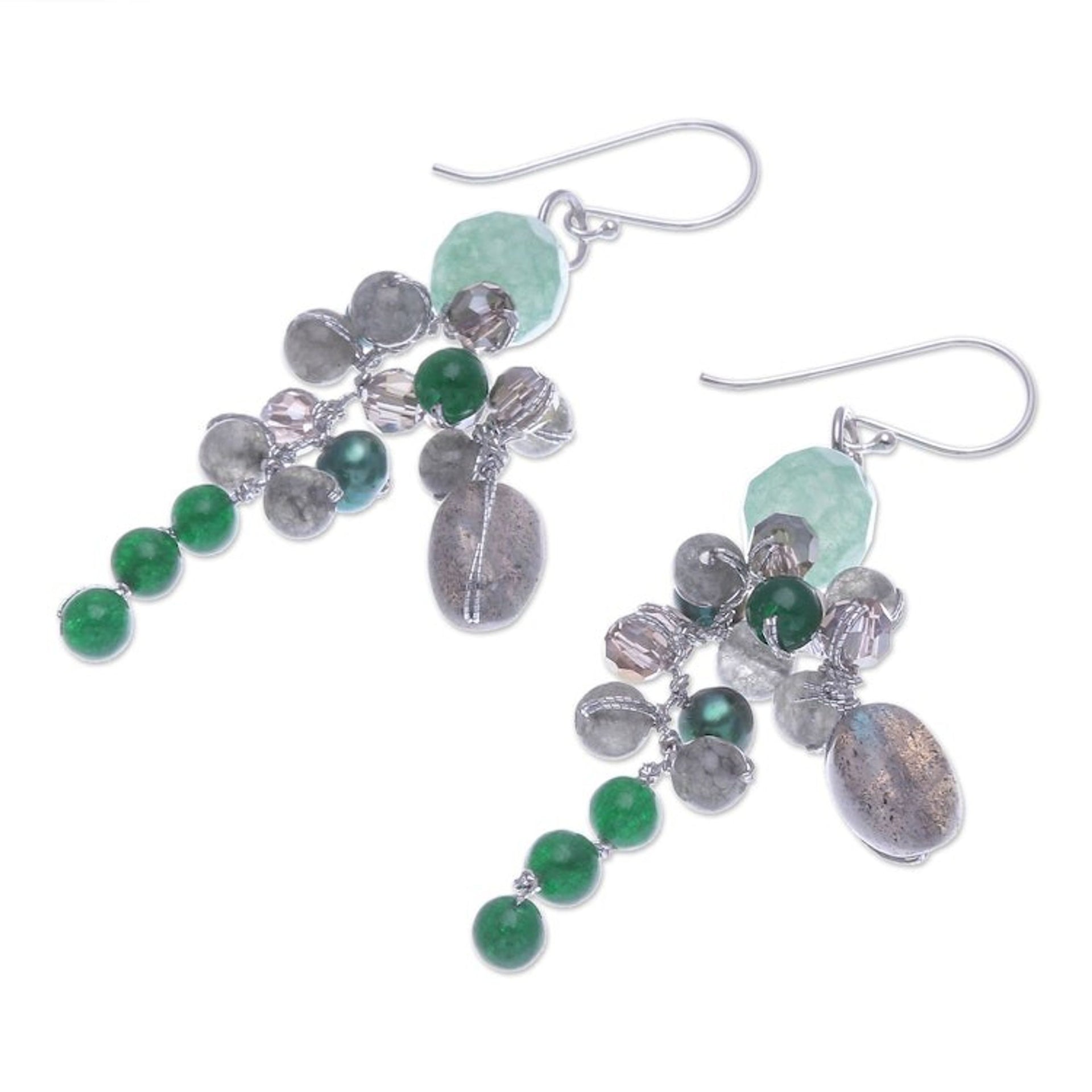 Labradorite and Cultured Pearl Dangle Earrings 'Ancient Garden'
