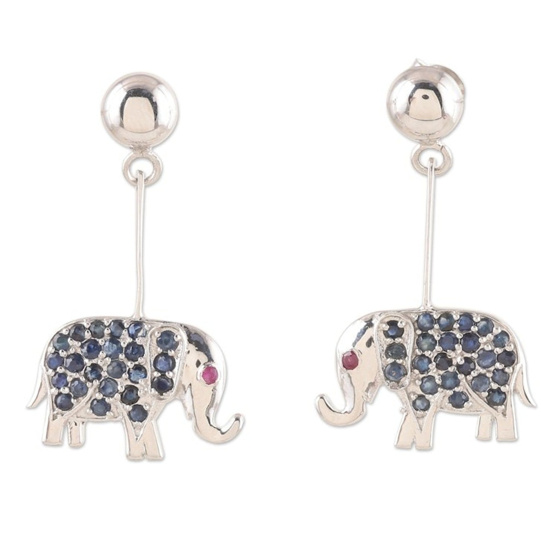 Rhodium-Plated Sapphire and Ruby Elephant Earrings 'Generous Fortune'