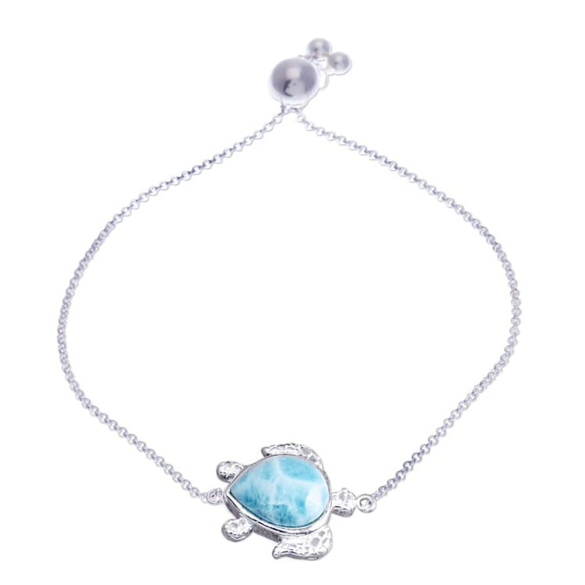 Larimar Sterling Silver Sea Turtle-Themed Pendant Bracelet 'Ocean Bound'