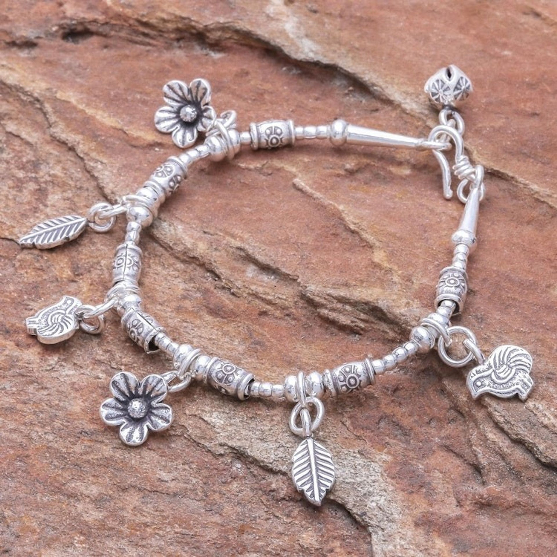 Floral Karen Silver Beaded Charm Bracelet from Thailand 'Essence of the Forest'