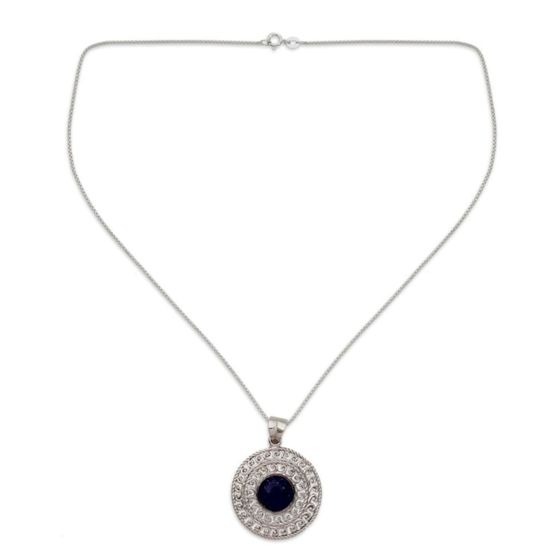 Sterling Silver and Lapis Lazuli Necklace from India Jewelry 'Mystical Shield'