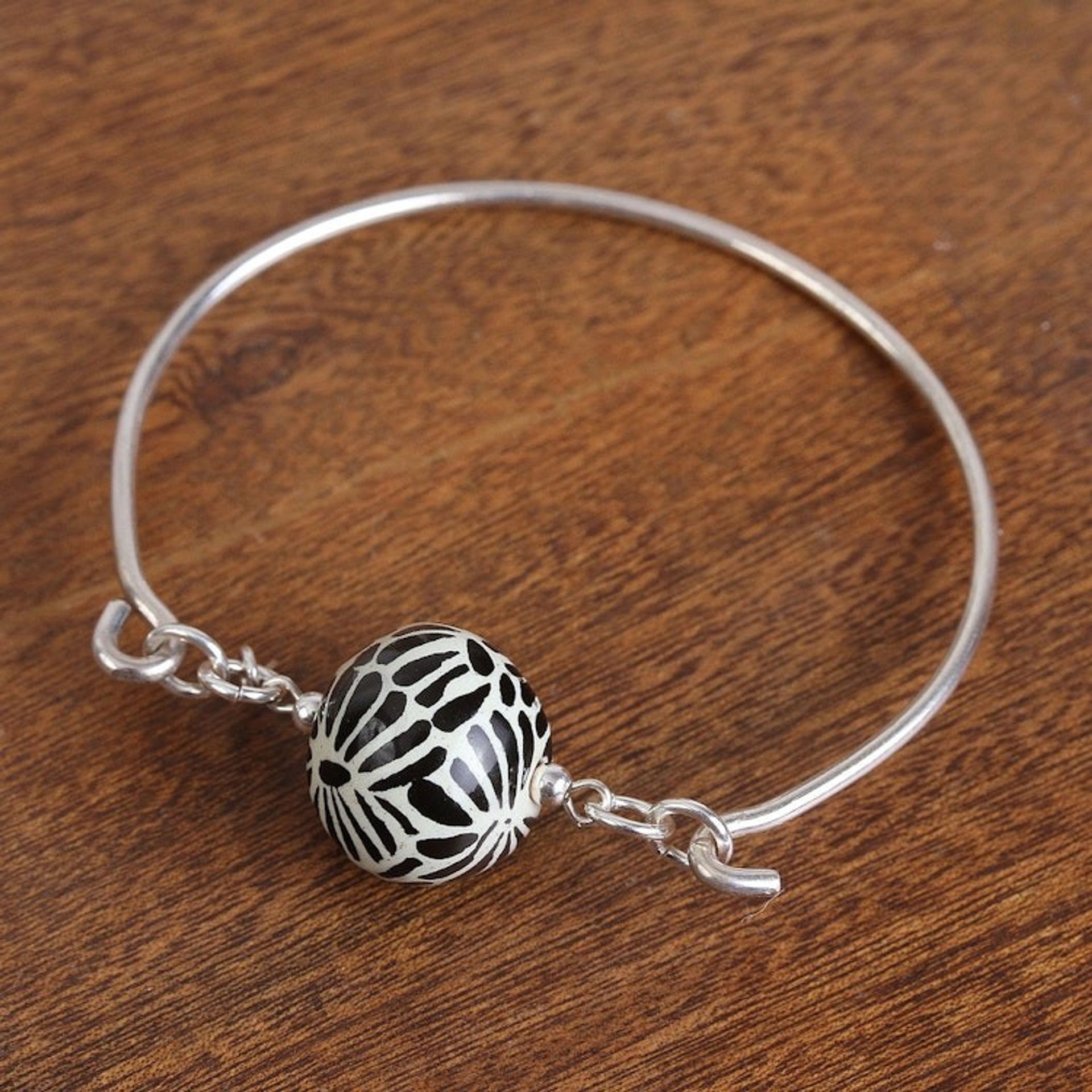 Black Talavera Ceramic and Sterling Silver Pendant Bracelet 'Petal Orb'