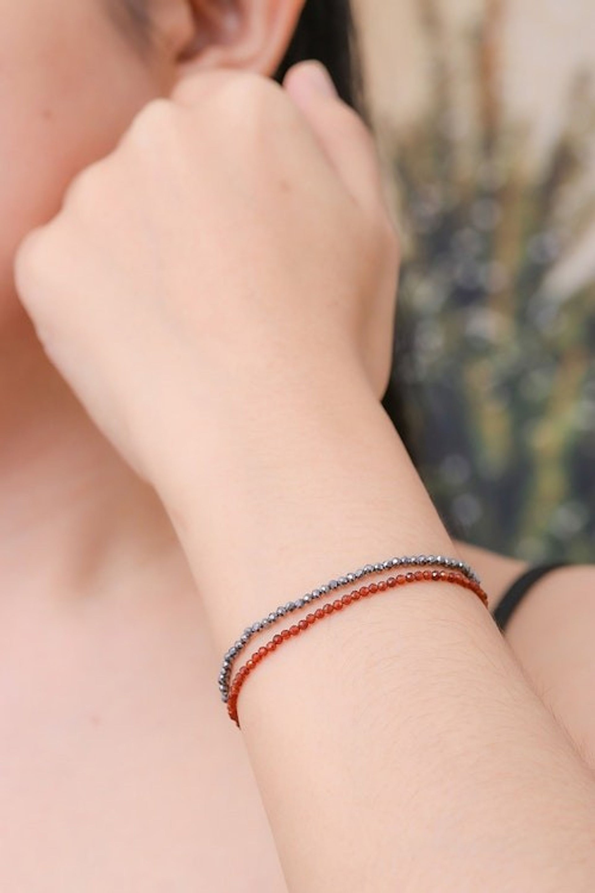 2 Beaded Stretch Bracelets with Chalcedony and Hematite Gems 'Double Flair'