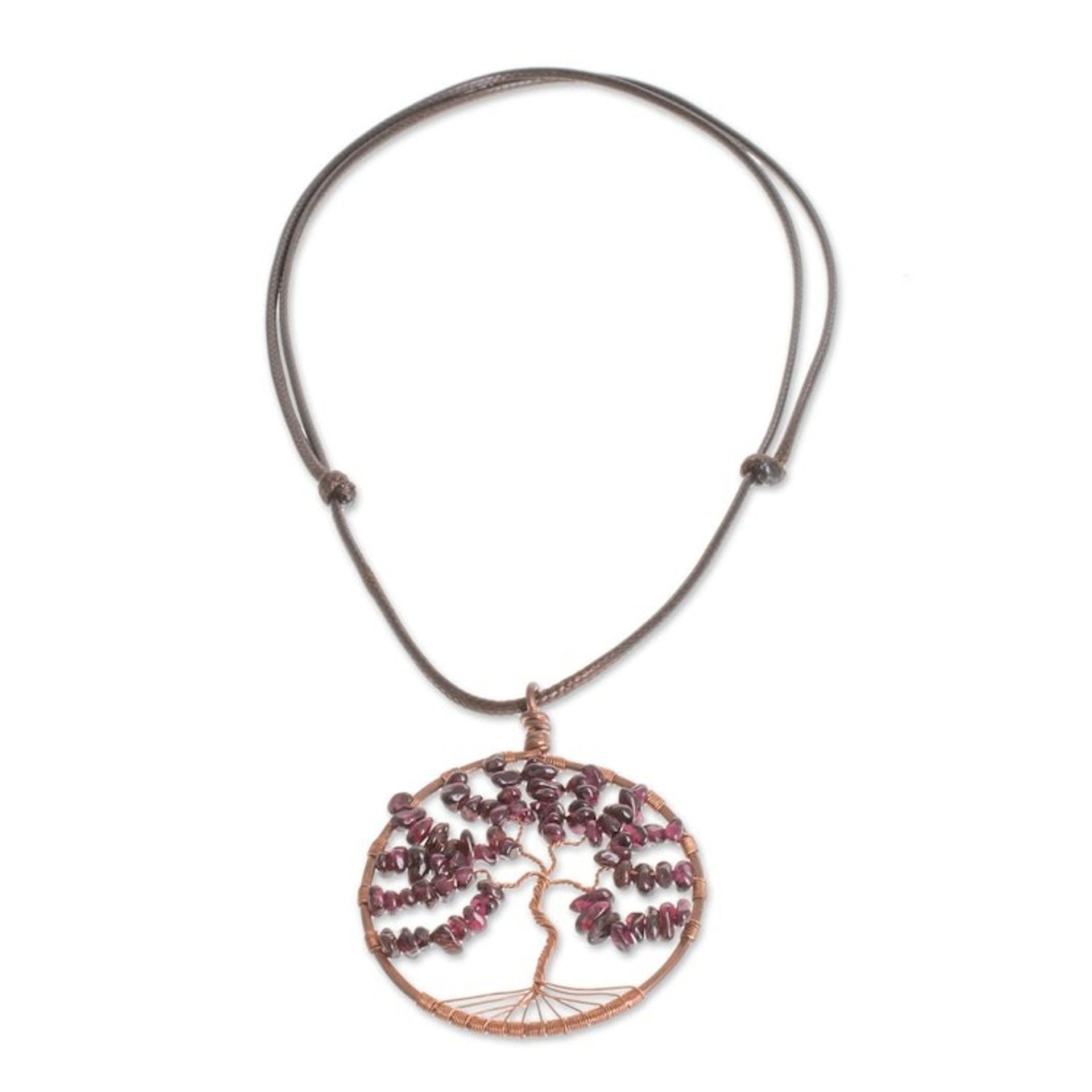 Garnet Gemstone Tree Leo Pendant Necklace from Costa Rica 'Leo Tree of Life'