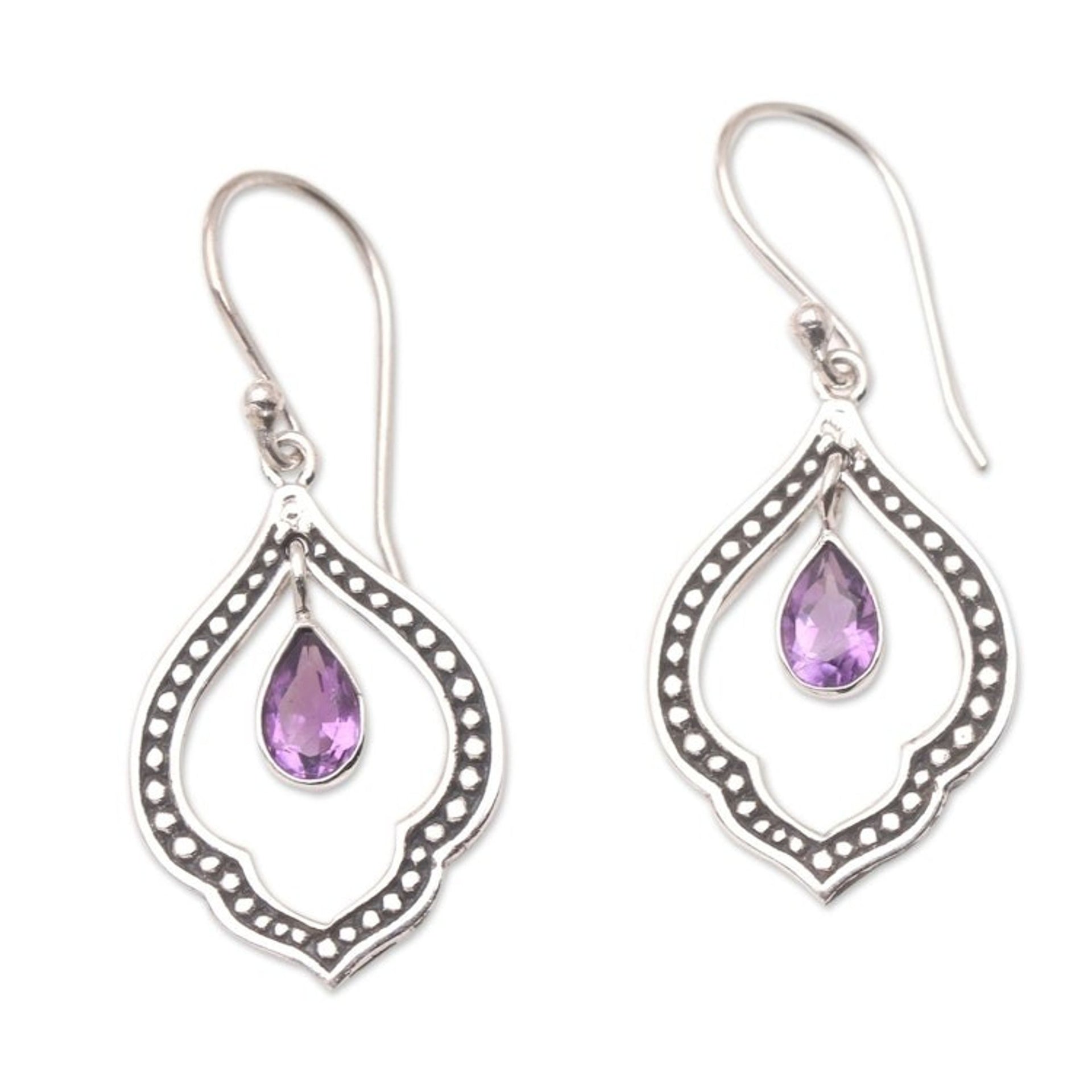 Amethyst and Sterling Silver Dangle Earrings from Indonesia 'Framed Raindrop'