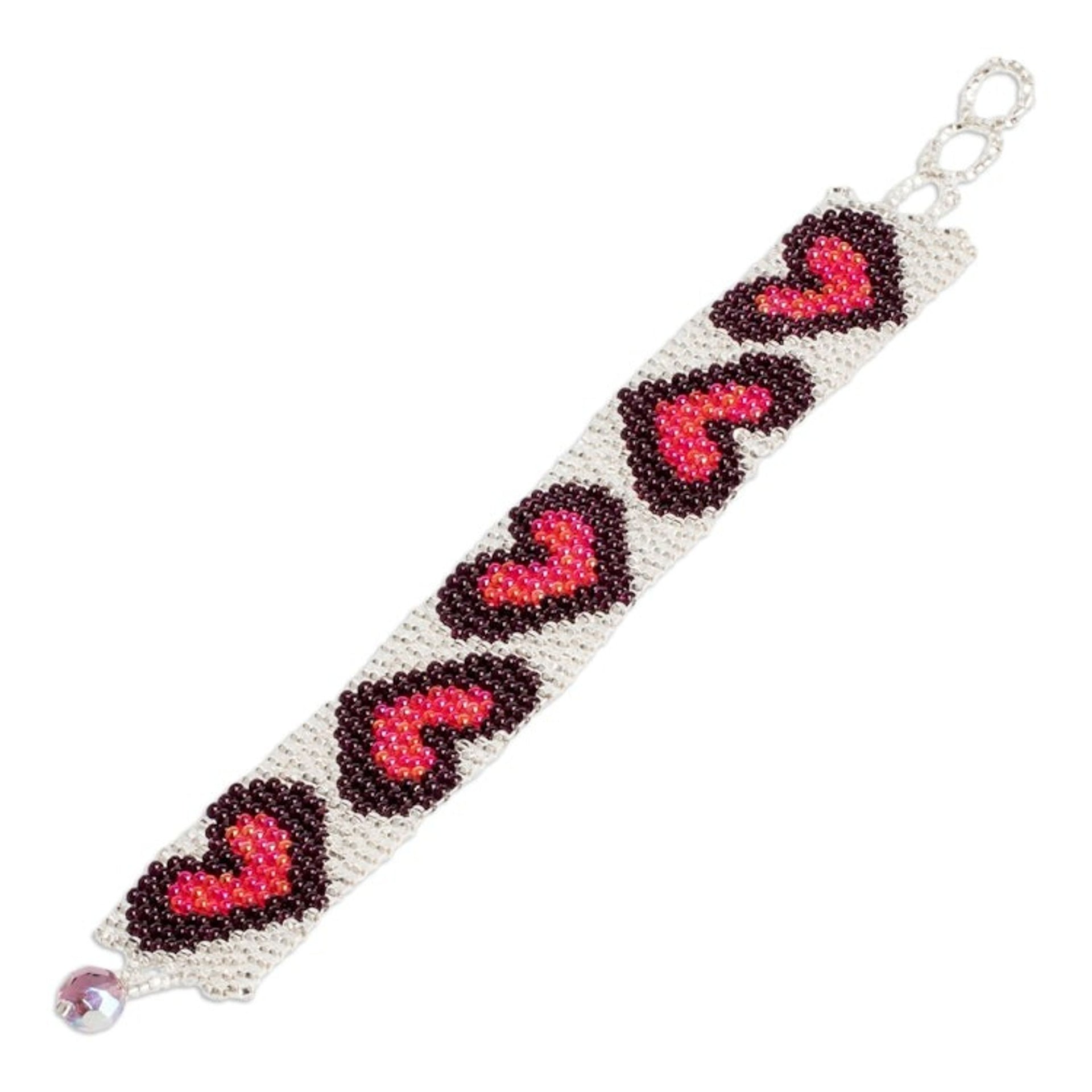 Handmade Red Purple Silver-Hued Heart-Themed Beaded Bracelet 'Purple Queen of Hearts'