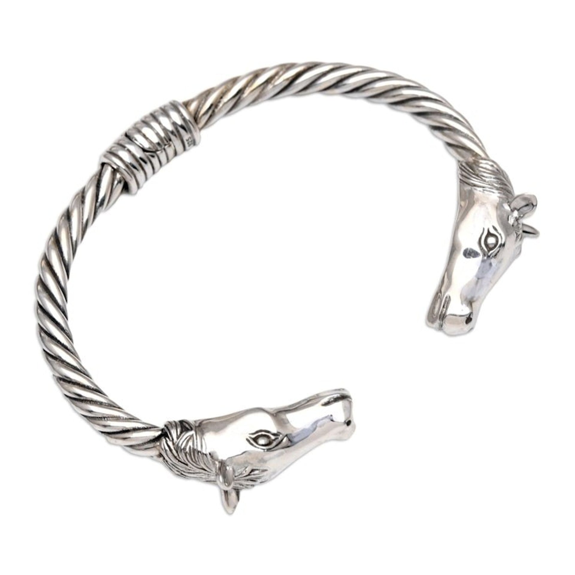 Sterling Silver Twisted Cuff Bracelet with Horses' Heads 'Horse Race'