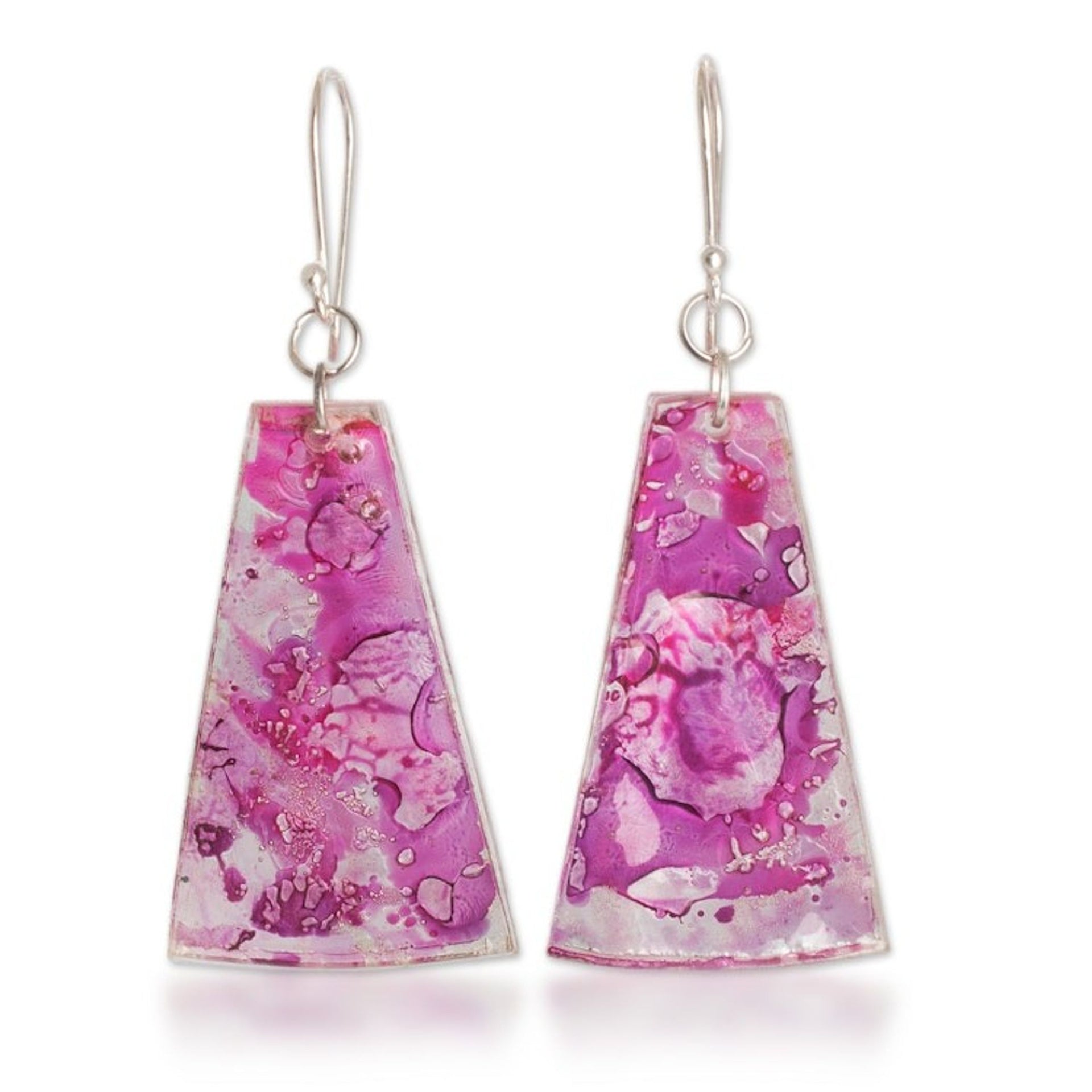 Recycled CD Dangle Earrings in Pink and Purple 'Orchid Polygons'
