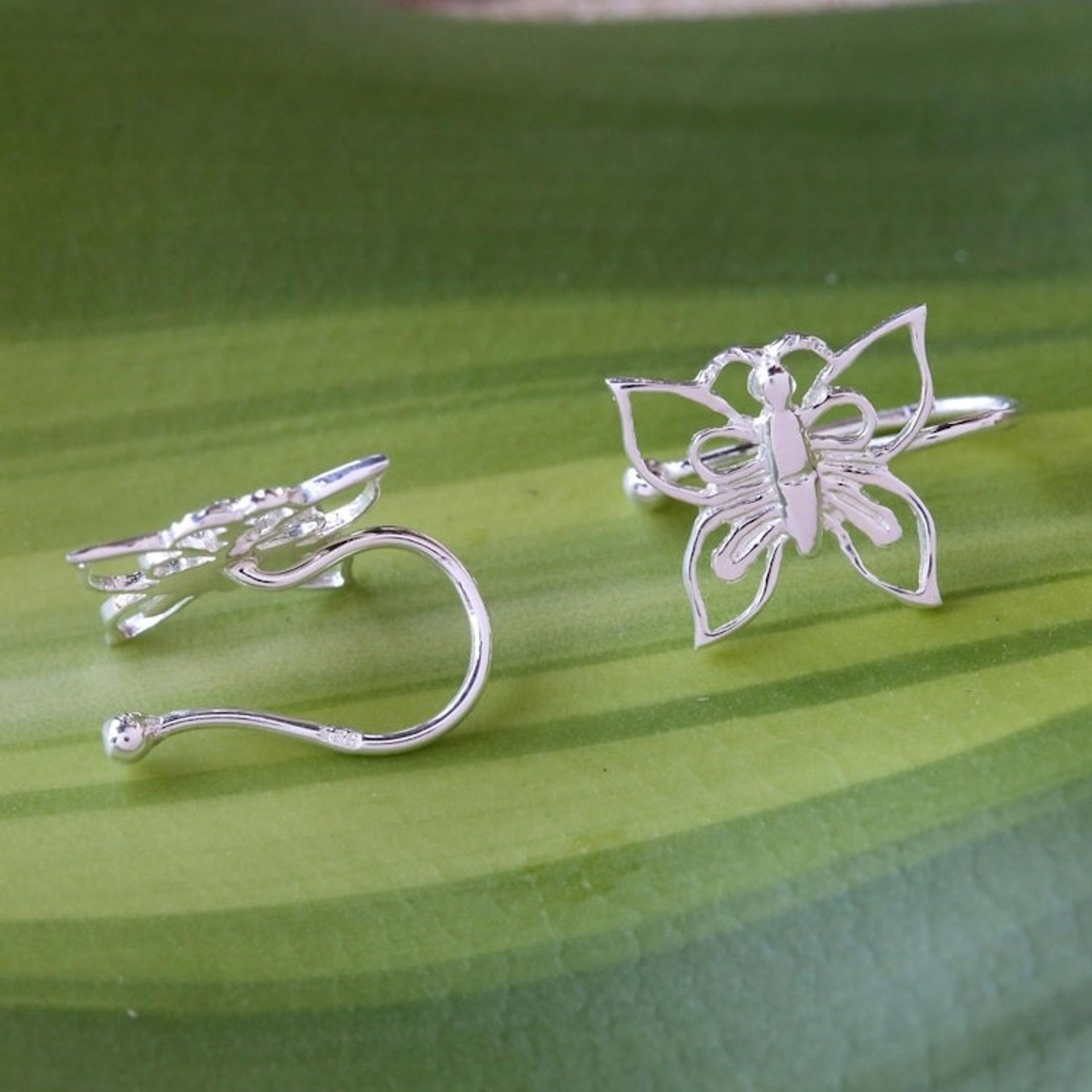 925 Silver Butterfly Ear Cuffs Artisan Crafted in Thailand 'Demure Butterflies'