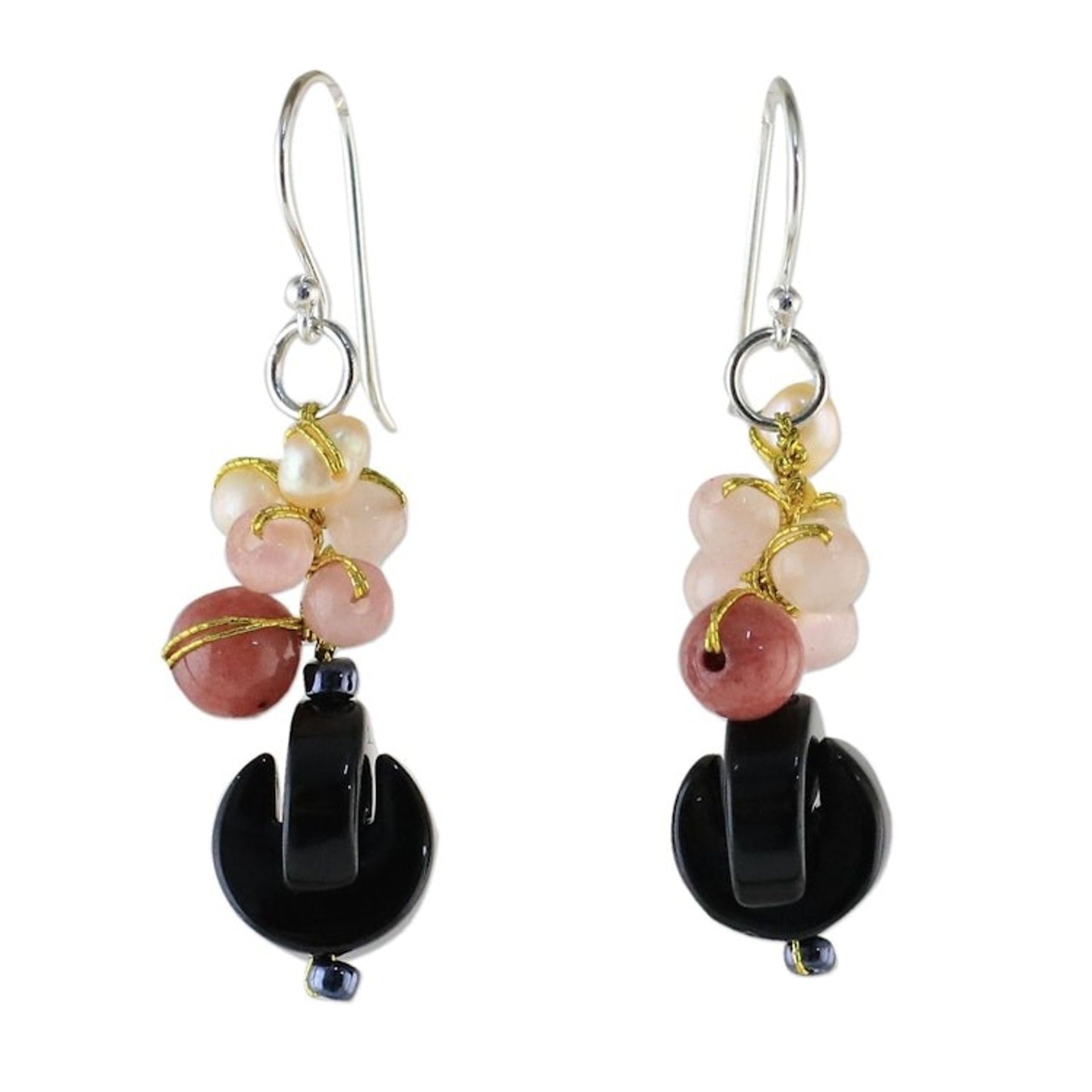 Onyx Multi-Gemstone Dangle Earrings from Thailand 'Tidal Wave in Pink'