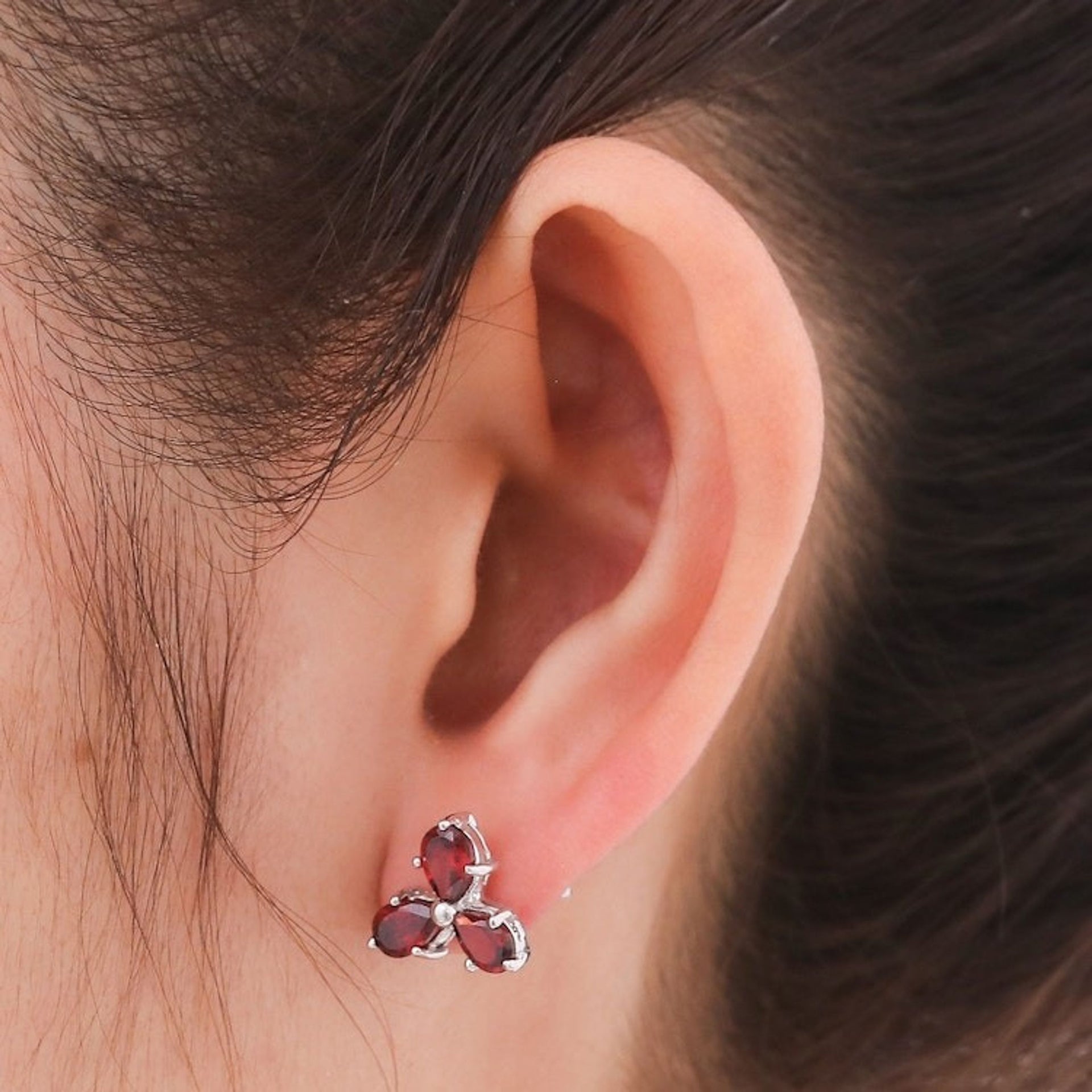Clover-Themed Button Earrings with Three-Carat Garnet Gems 'Perseverance Clover'
