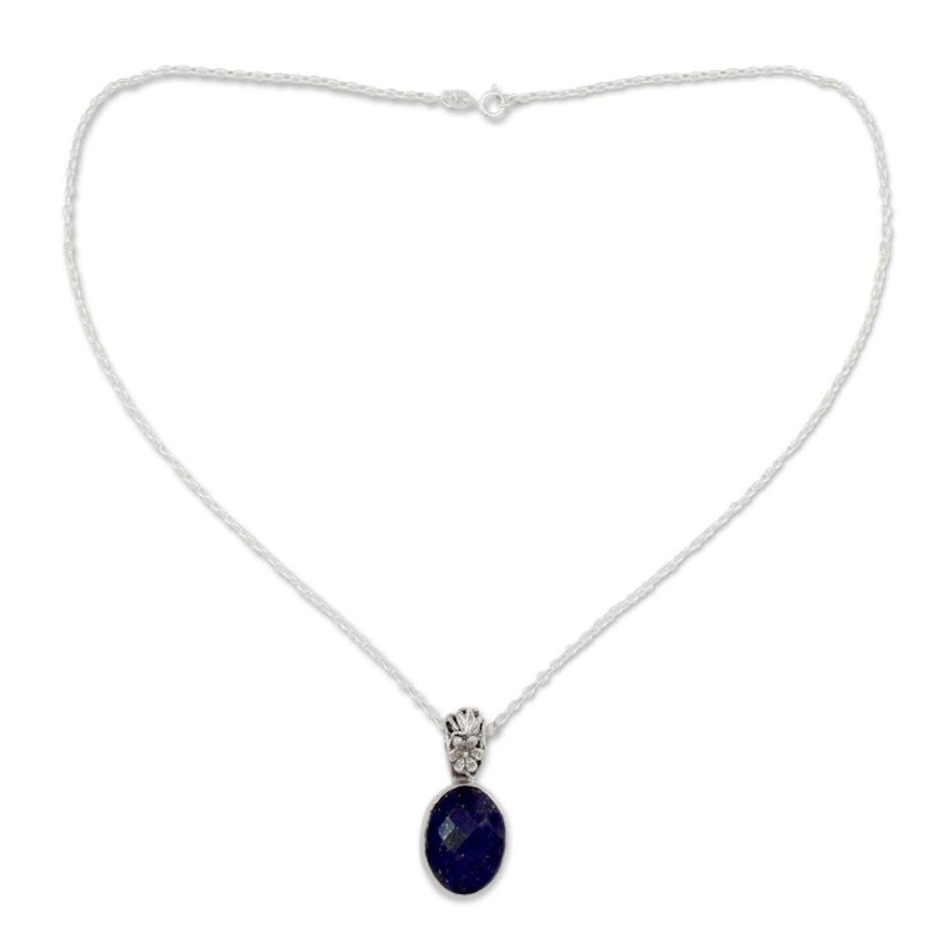 Artisan Made Silver and Lapis Necklace 'Floral Facets'