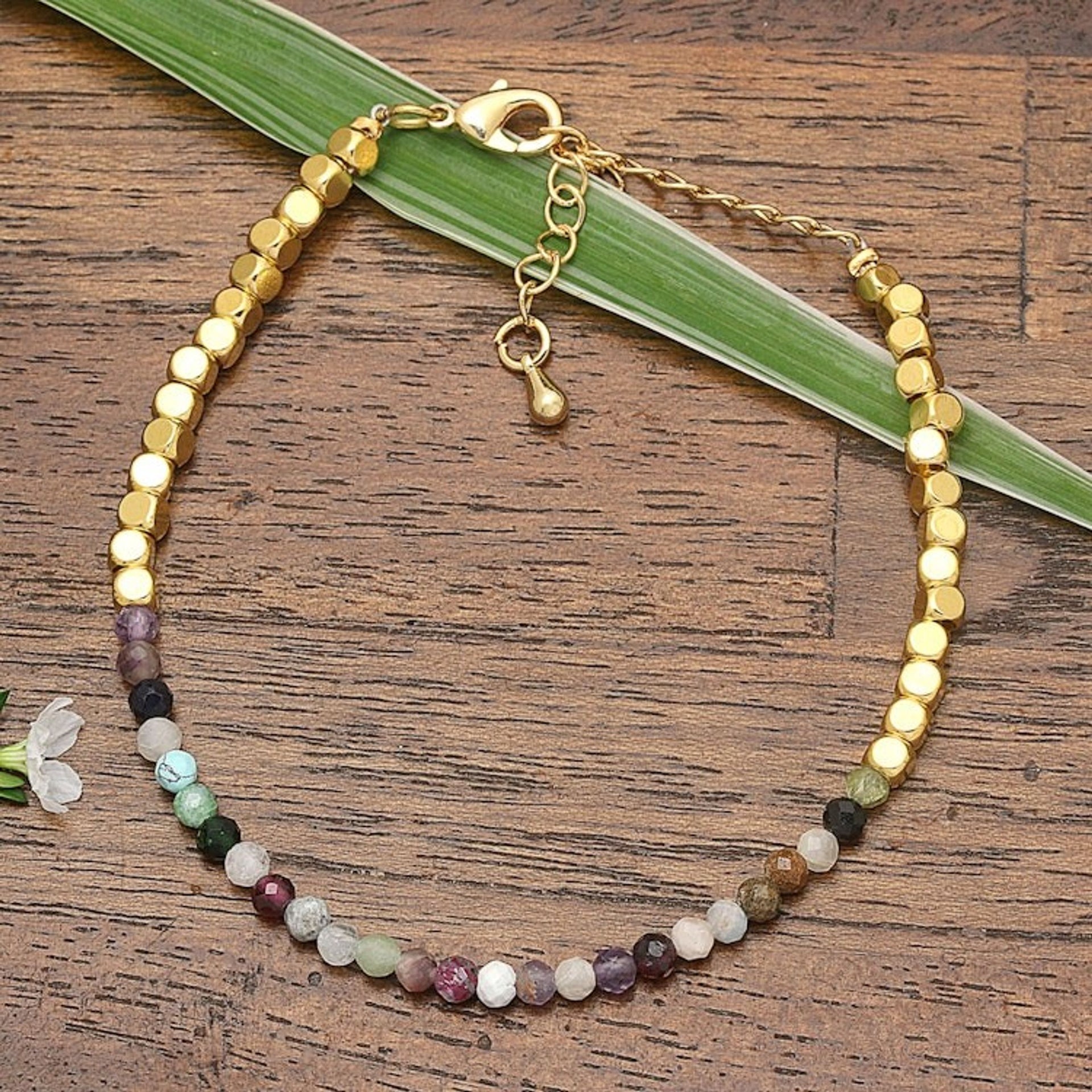 18k Gold-Plated Brass and Fluorite Beaded Bracelet from Bali 'Paradise Rainbow'