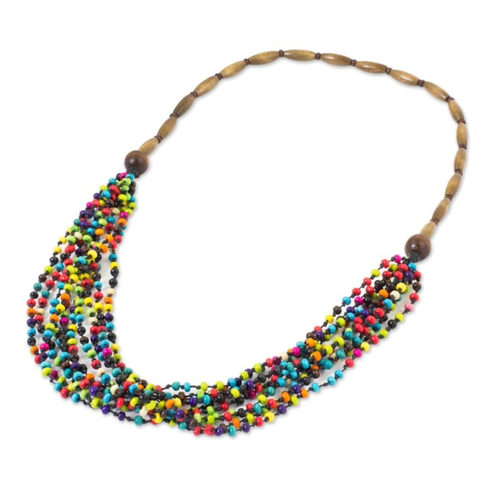 Wood Beaded Necklace Artisan Crafted Jewelry 'Rainbow Muse'