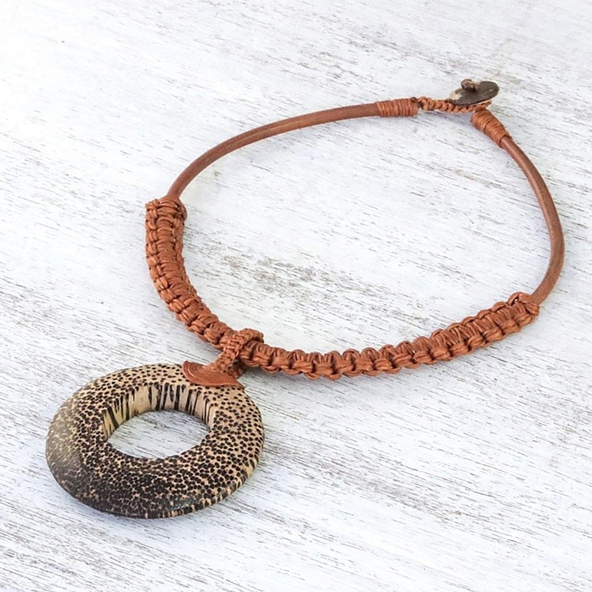 Handcrafted Coconut Wood and Leather Cord Pendant Necklace 'Earth Ring in Burnt Sienna'