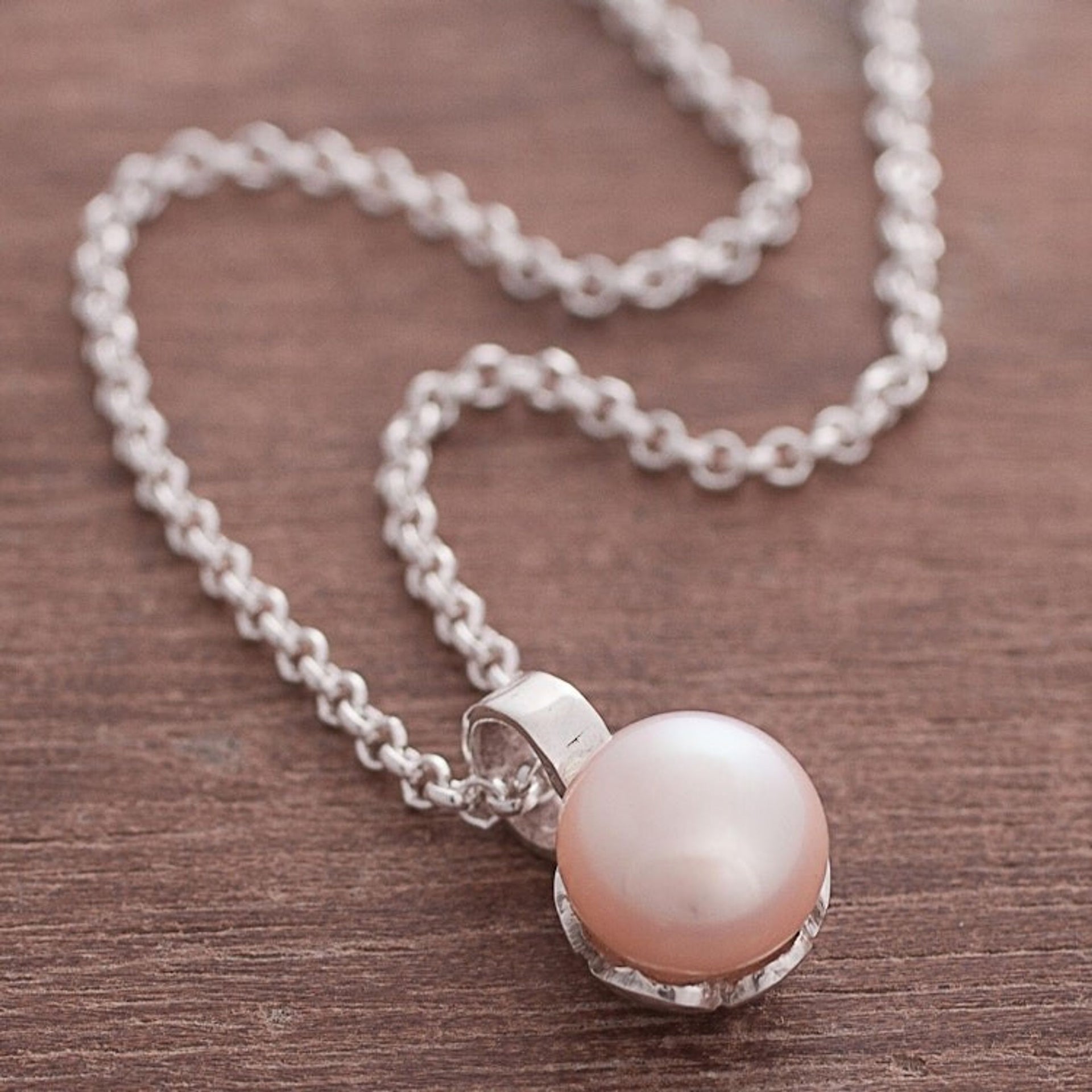 Peach Cultured Pearl and Sterling Silver Pendant Necklace 'Peach Bloom'