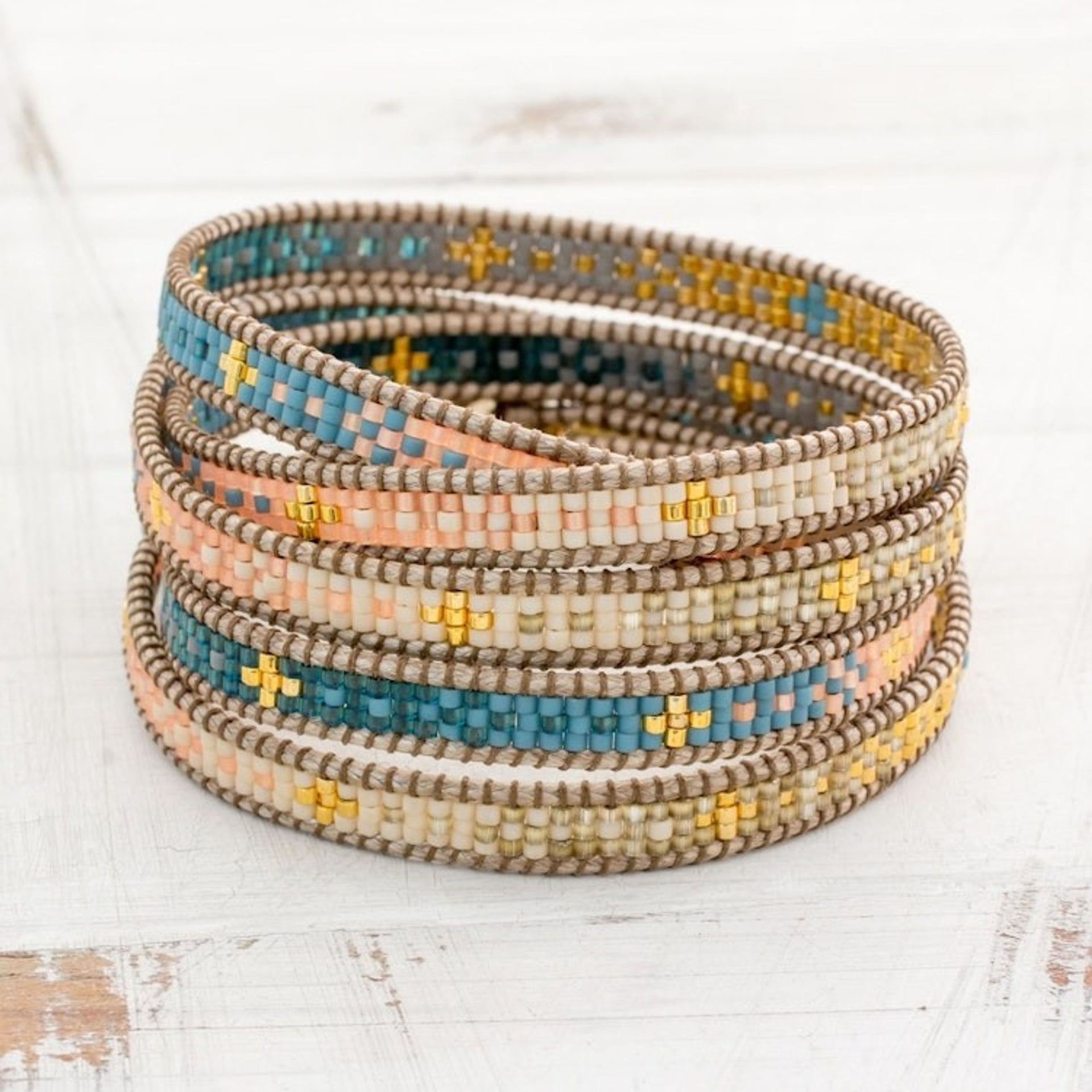 Colorful Glass Beaded Wrap Bracelet from Guatemala 'Cerro de la Cruz in Blue'